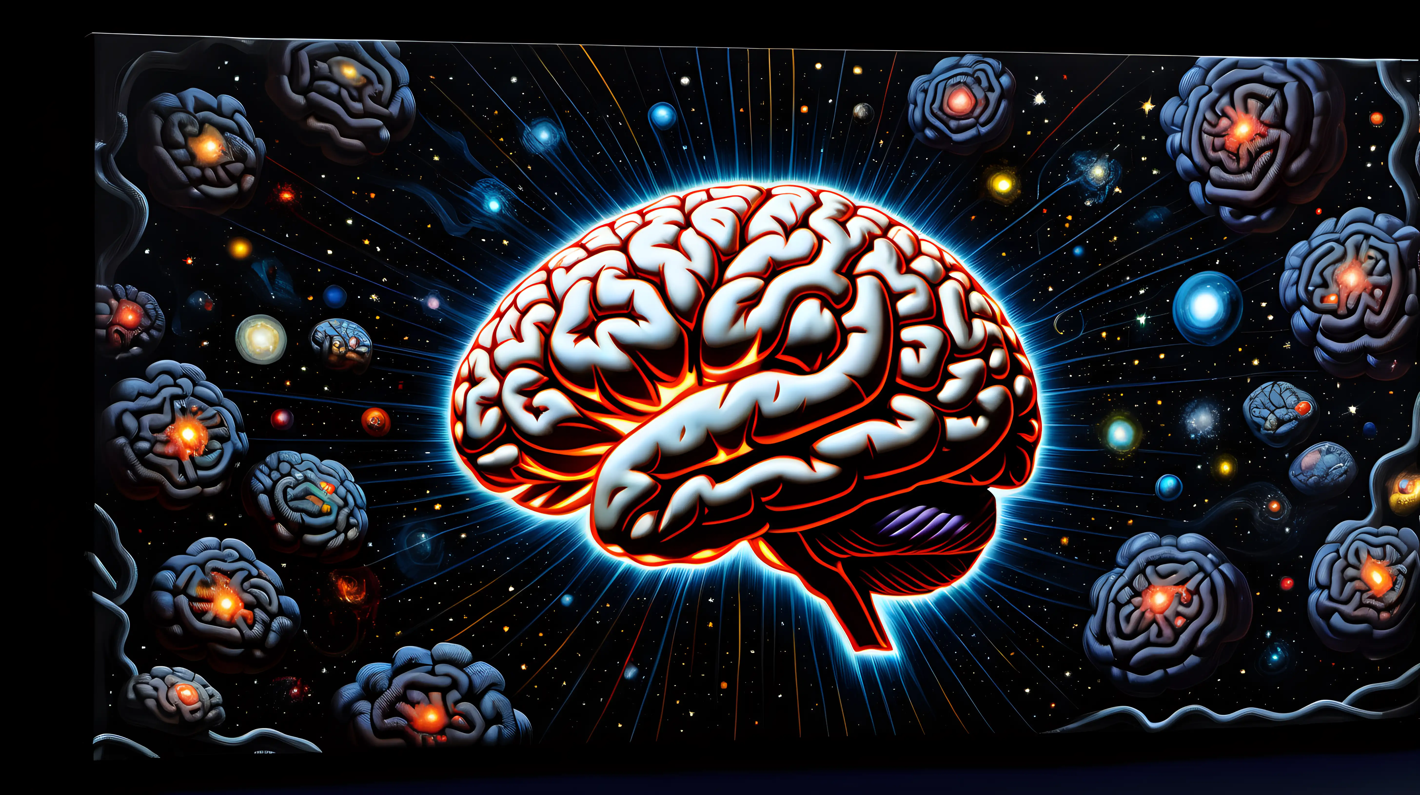 A canvas featuring a human brain, with luminous lights illuminating its intricate structures against the inky blackness of space.