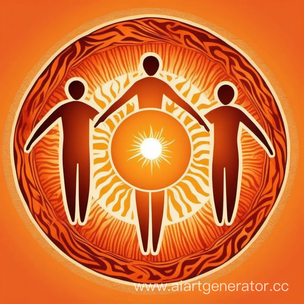 Векторный логотип в виде хоровода из 4 людей вокруг огненного солнца, вид сверху, без детализации, в оранжево-желтых тонах, этнический стиль