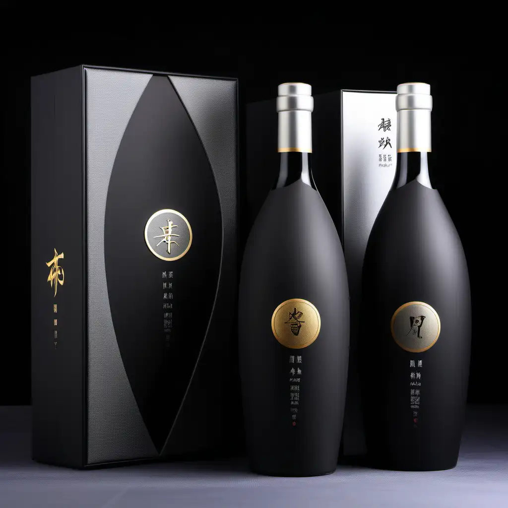 台湾风格的酒瓶包装设计，高端酒，不透明陶瓷哑光，酒名玖莼，精密的产品照片图像，高细节，银黑金，三套设计方案