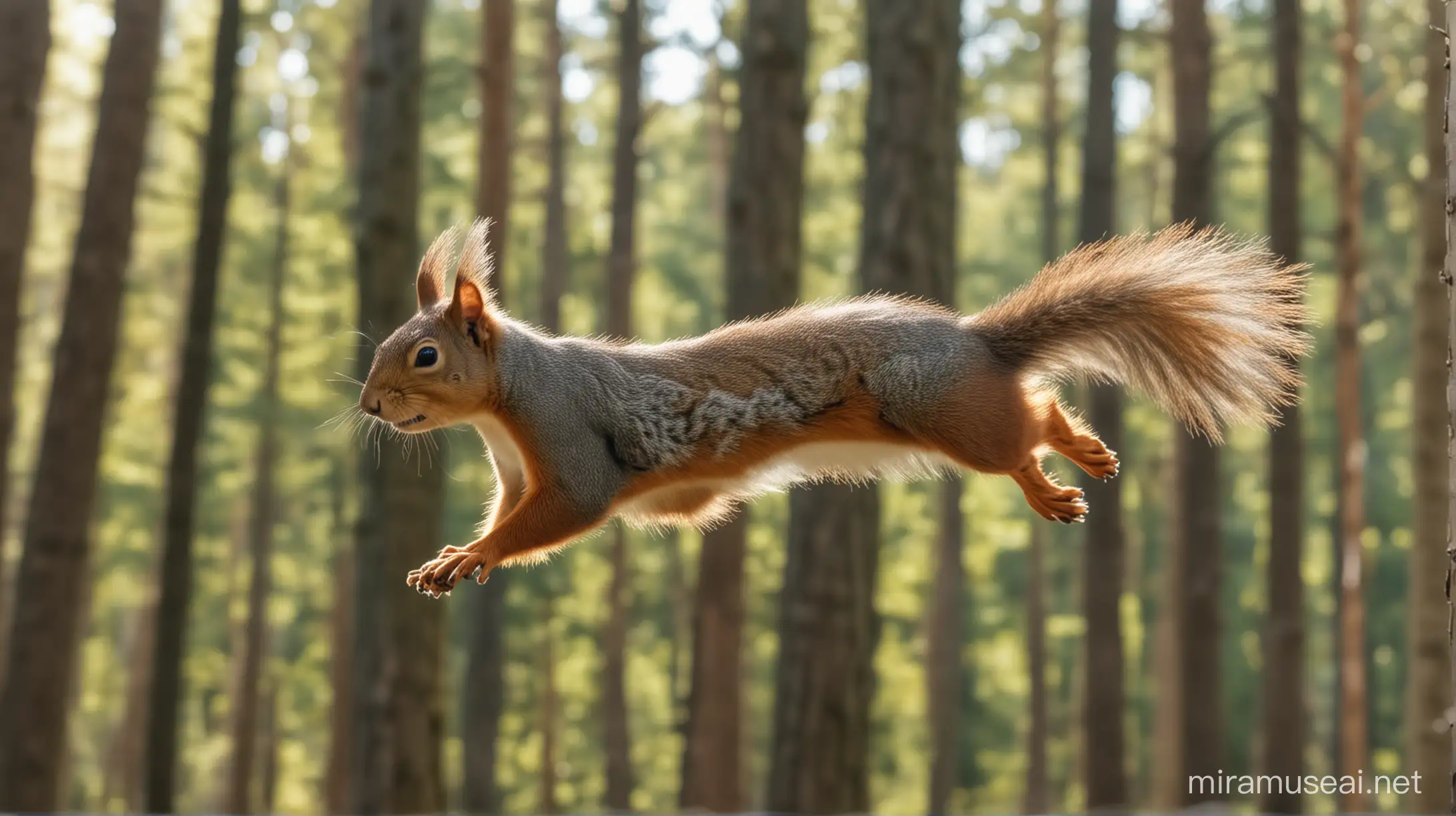 squirrel flying through the trees sunny day forest