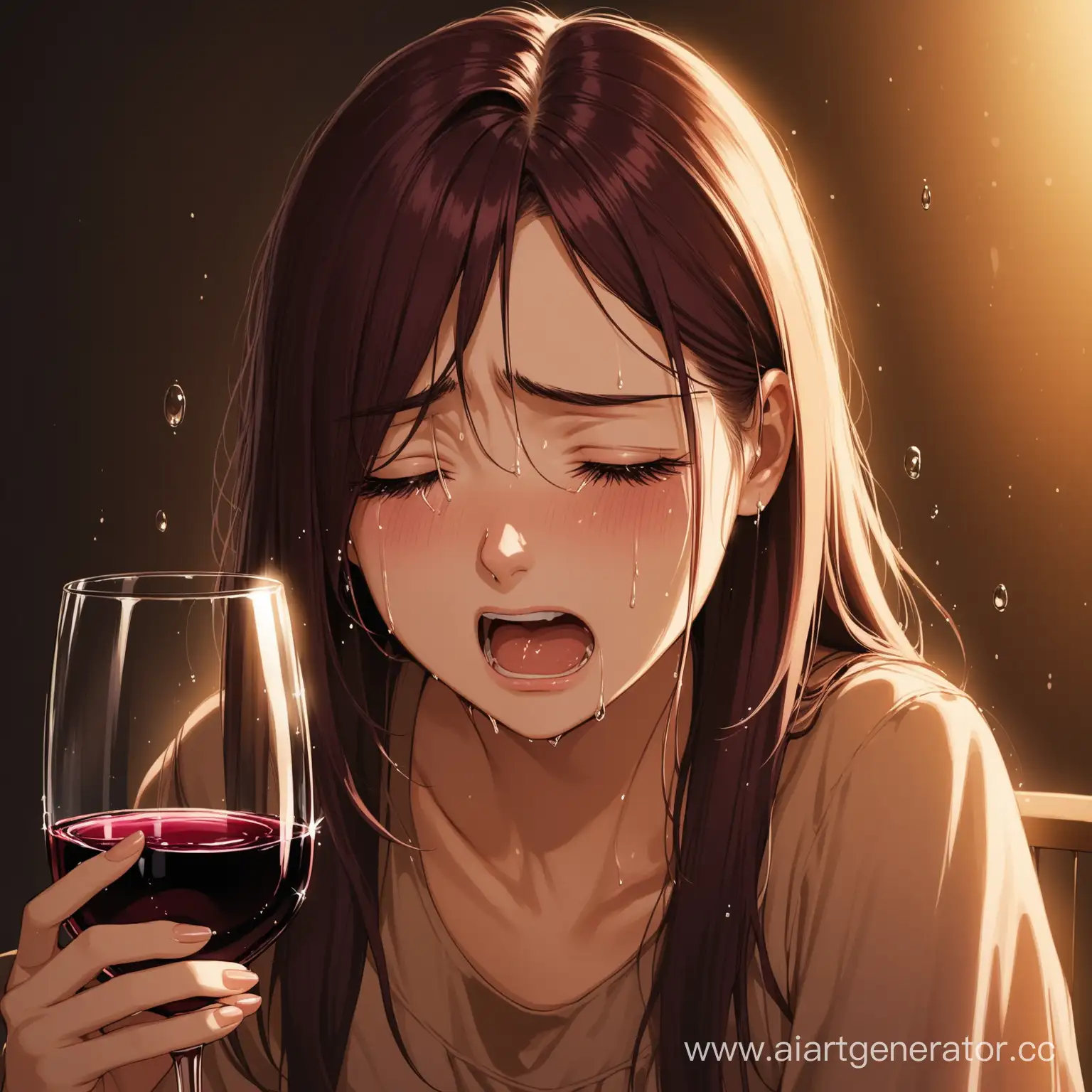 девушка плачет допивая бокал вина
