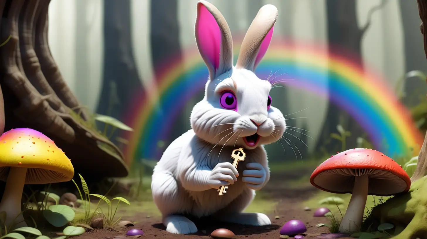 A bunny discovers a mysterious key hidden under a rainbow-colored mushroom.)