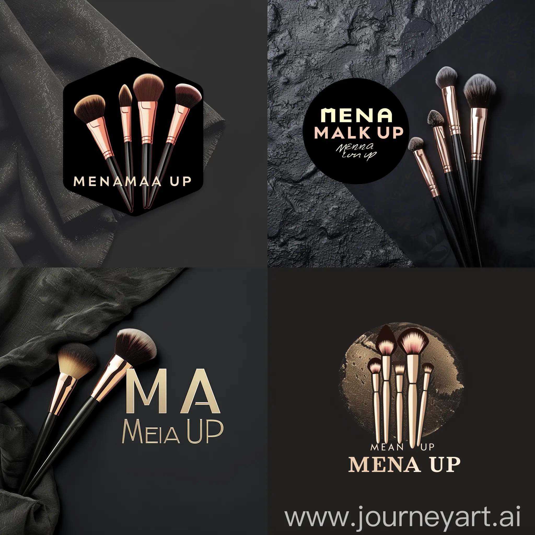 Black background make a logo for make up with brushers and write MENA MAKE UP