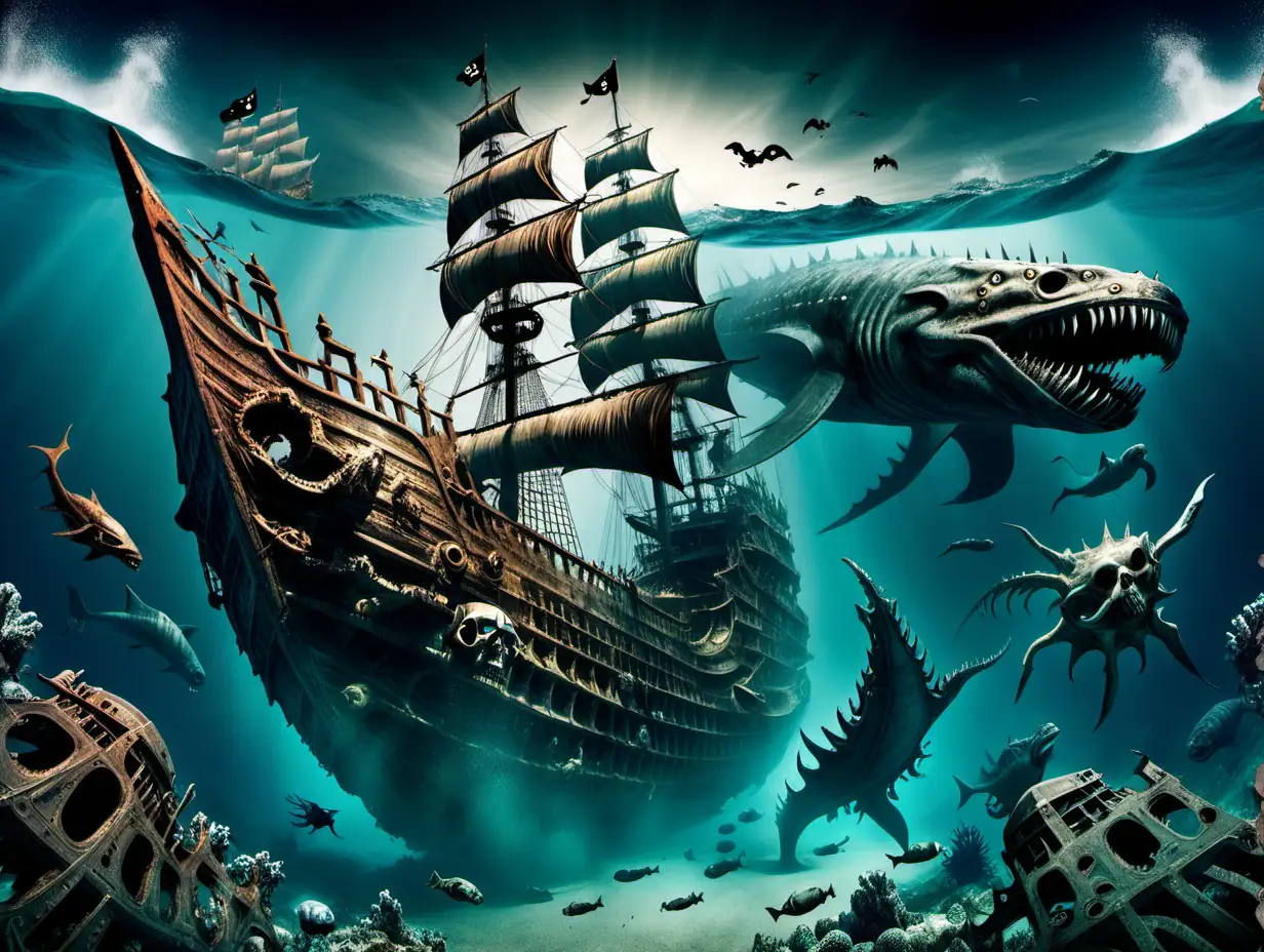 Atlantis and sea monsters with pirate shipwrecks at the bottom of the ocean