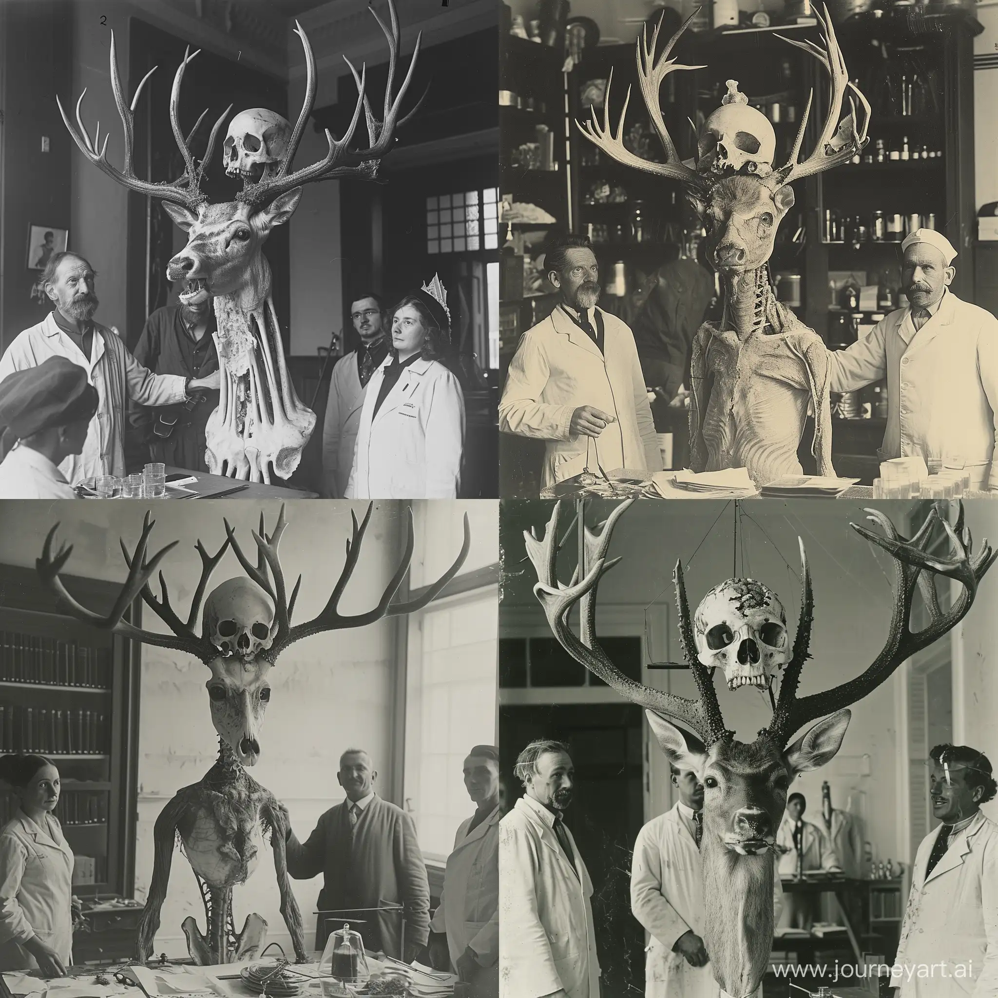 Леший с черепом оленя на голове, оленьи рога, три метра, с учёными на старом фото, начало 20 века