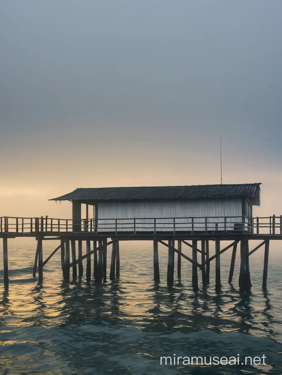 Mysterious Stilt Building Over Rippled Sea under Foggy Sky
