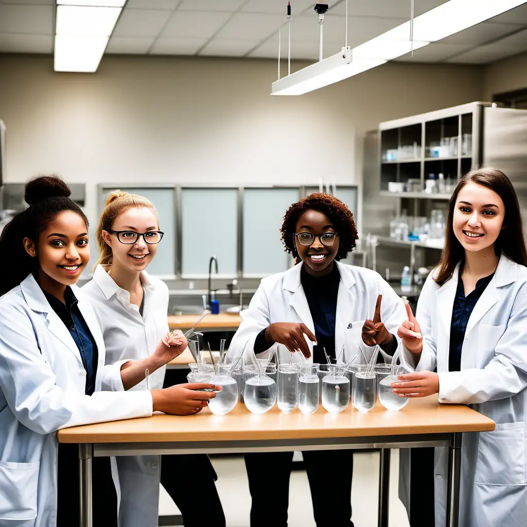 create an image of diverse students in lab setting making respectful eye contact and gesturing a slight nod. The lab table should have tuning fork and bowls of water out.