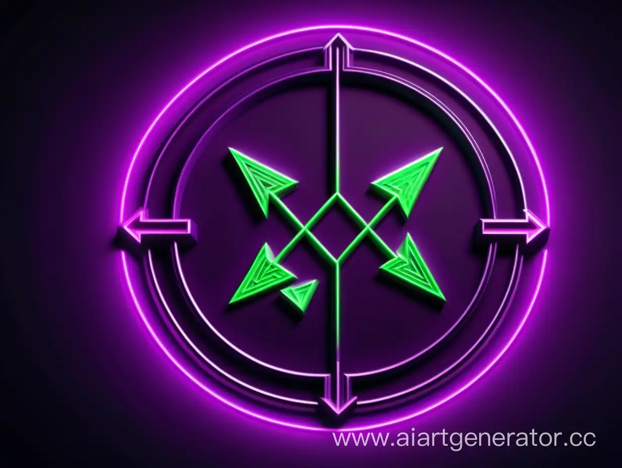 Neon-Circle-Portal-with-Arrow-Logo-Vibrant-SciFi-Symbol-in-Purple-and-Green-Lights