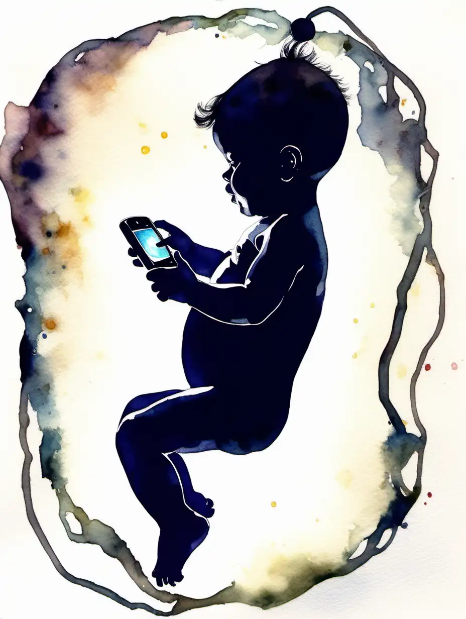 Silhouette of baby in the womb playing video game, dark with small light turned on, umbilical cord visible. watercolour, nursery art