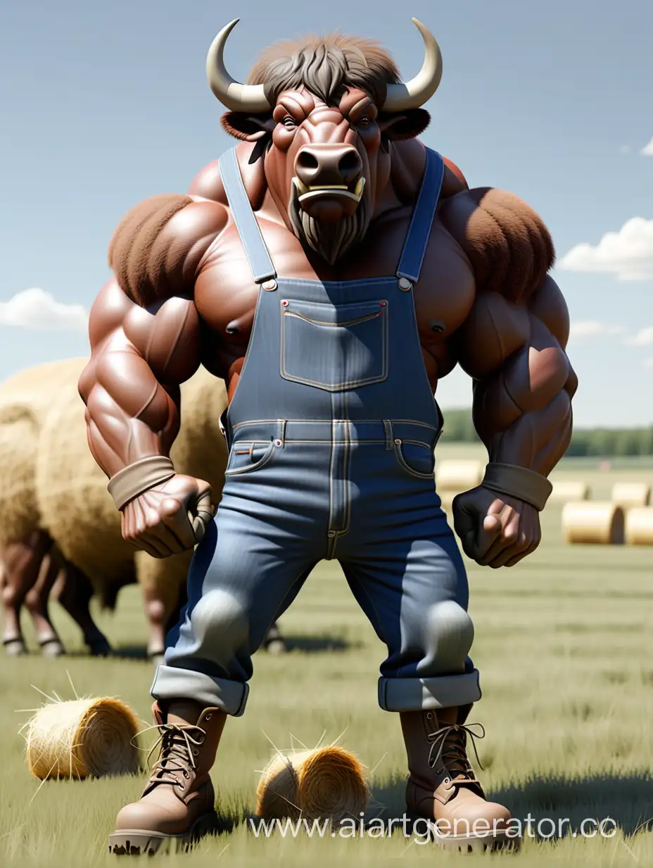 Антропоморфный бизон, брутальный, сильный, мускулистый, джинсовый полукомбинезон, рабочие ботинки, сено, поле, ясная погода, жара 