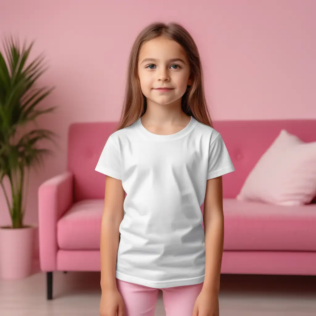 PLAIN blank white T-SHIRT, bella 3000 mock-up photo, young kid girl ,t-shirt frontage for showcasing designs,  good lighting .well-lit indoor room that is  furnished in pink and white furniture,in the background, fun pink aesthetic
