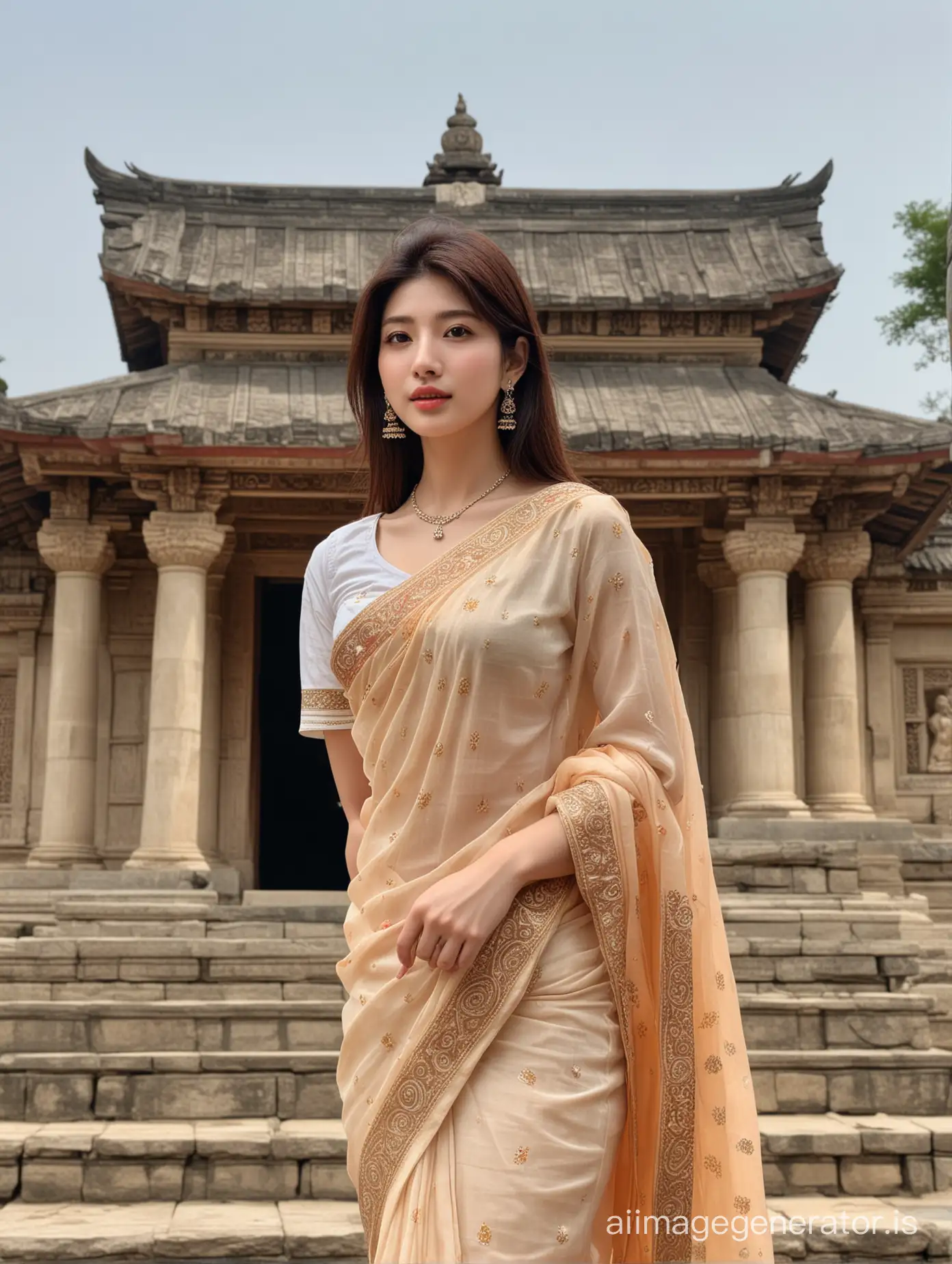 Beautiful Bae Suzy in perfect Saree standing in front of a temple, natural background,