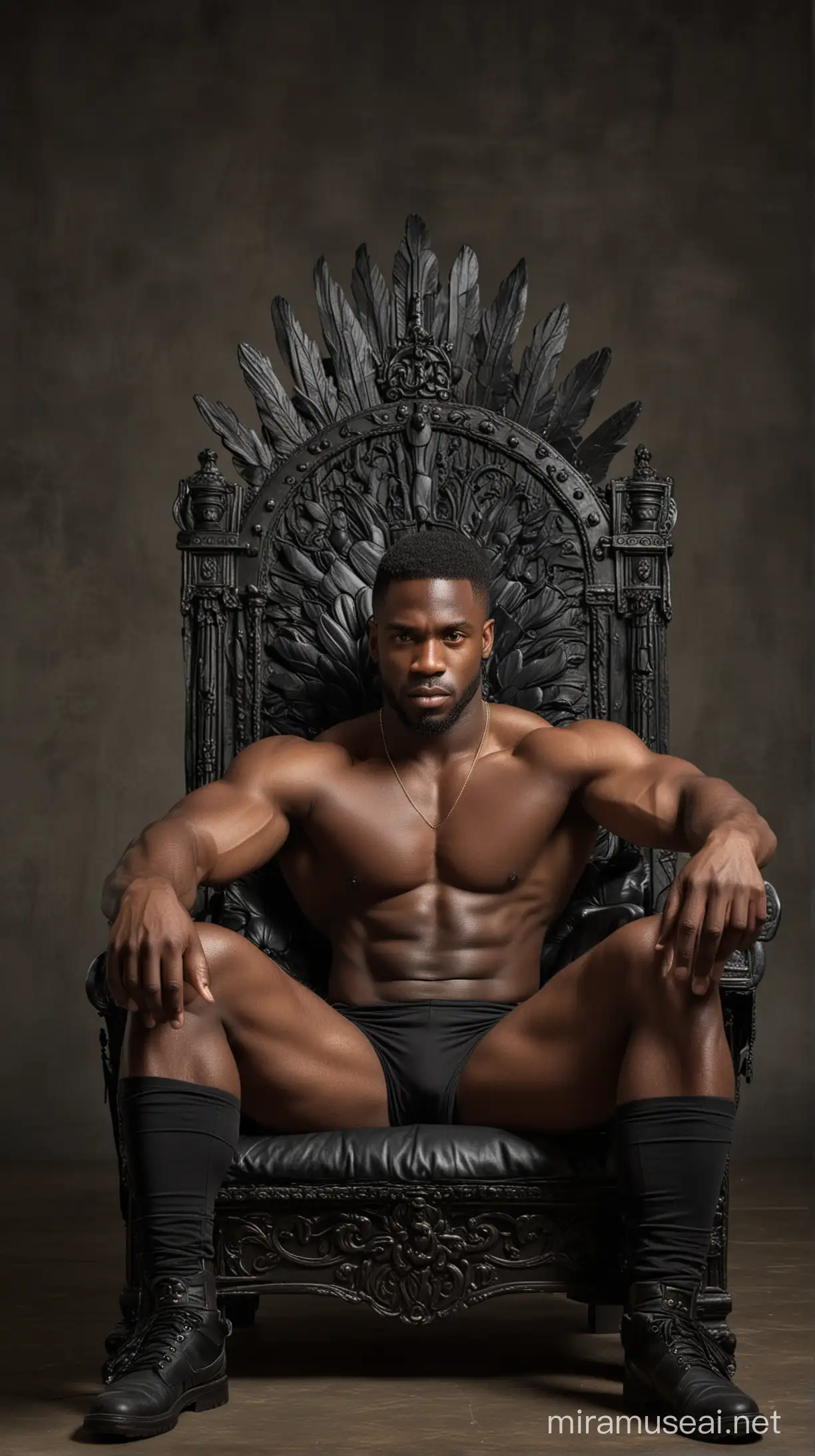 Muscular black man sitting on a throne facing forward 