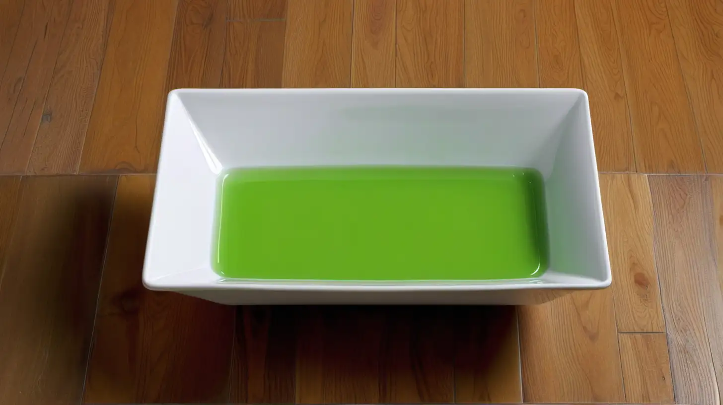 White rectangular bowl with green liquid on wood floor.



