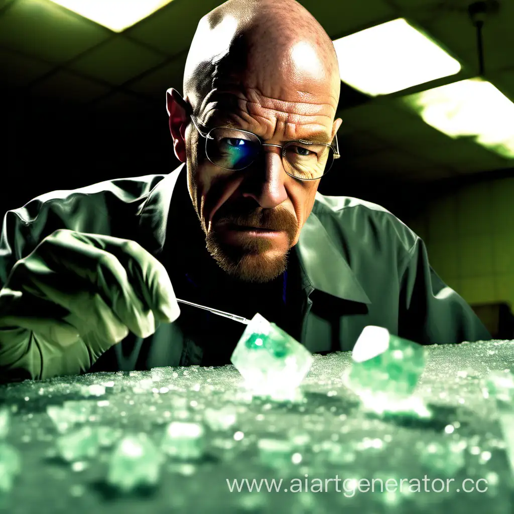 Heisenberg from the TV series "Breaking Bad" looks at one of the purest crystal of methamphetamine
