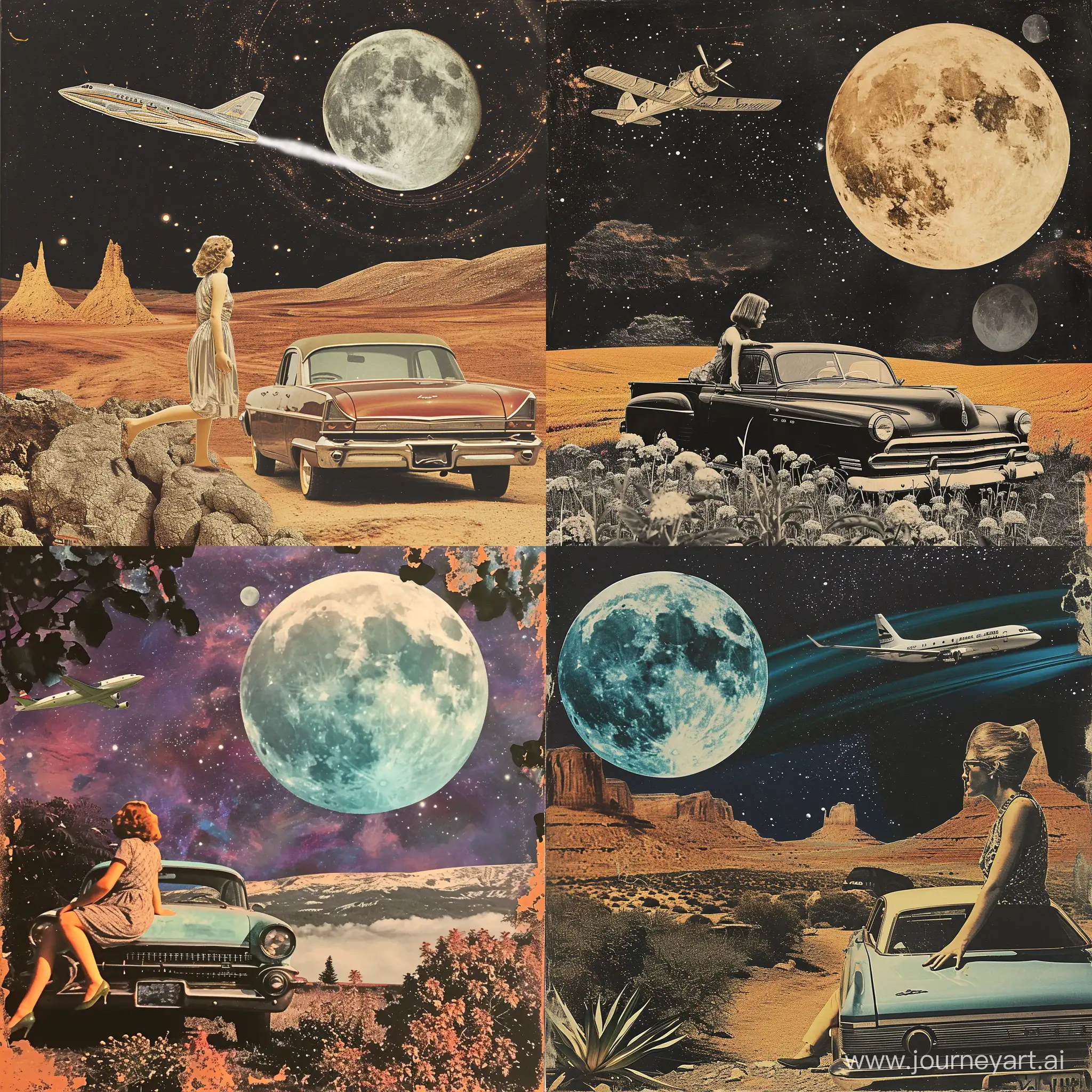 Vintage-Retro-Girl-on-Old-Car-with-Full-Moon-and-Flying-Plane-Collage