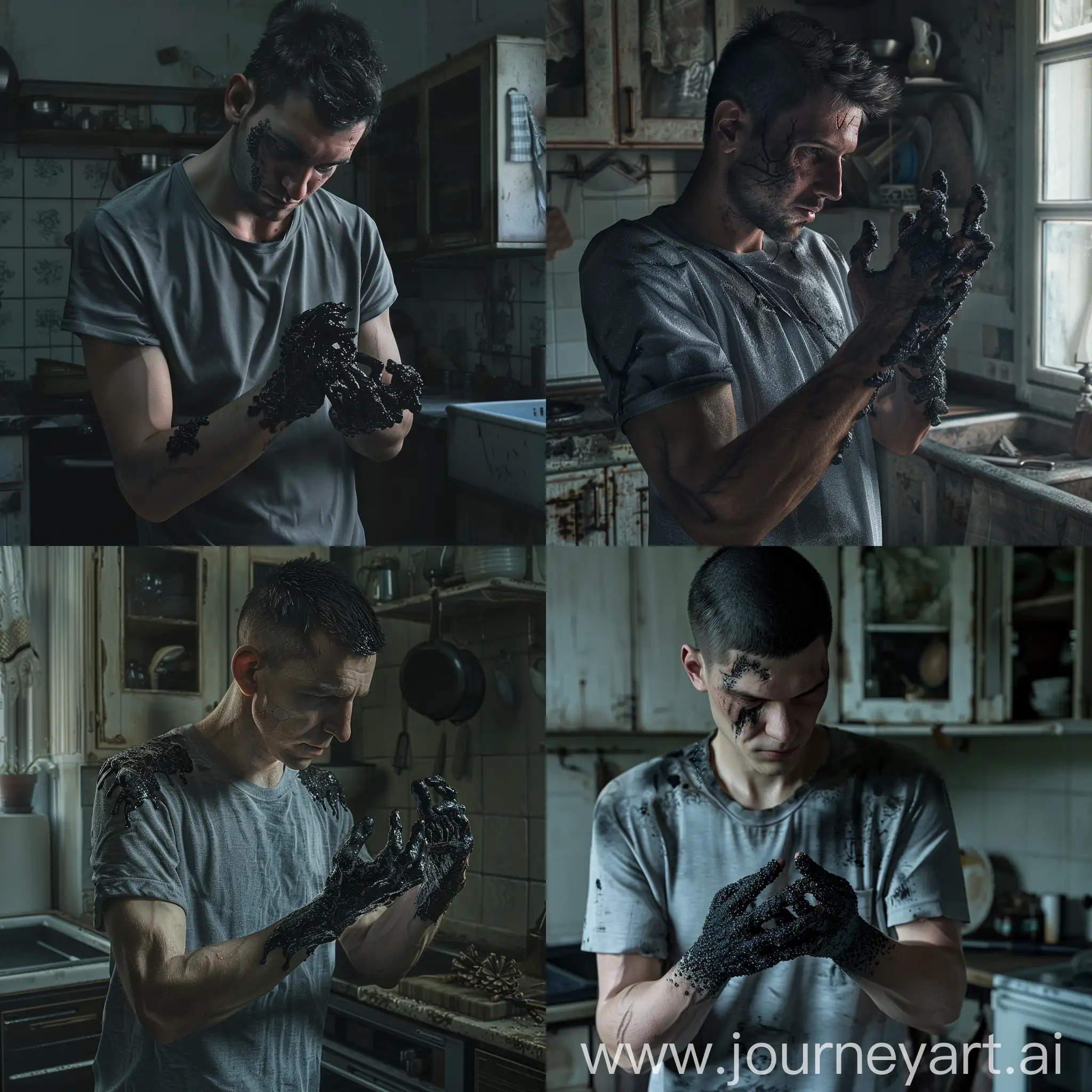 A man looks at his hands, his hands are covered with black growths, black ice, a man's short haircut, grey t-shirt, old kitchen, hyper-realism, 8k image quality, ultra detail 