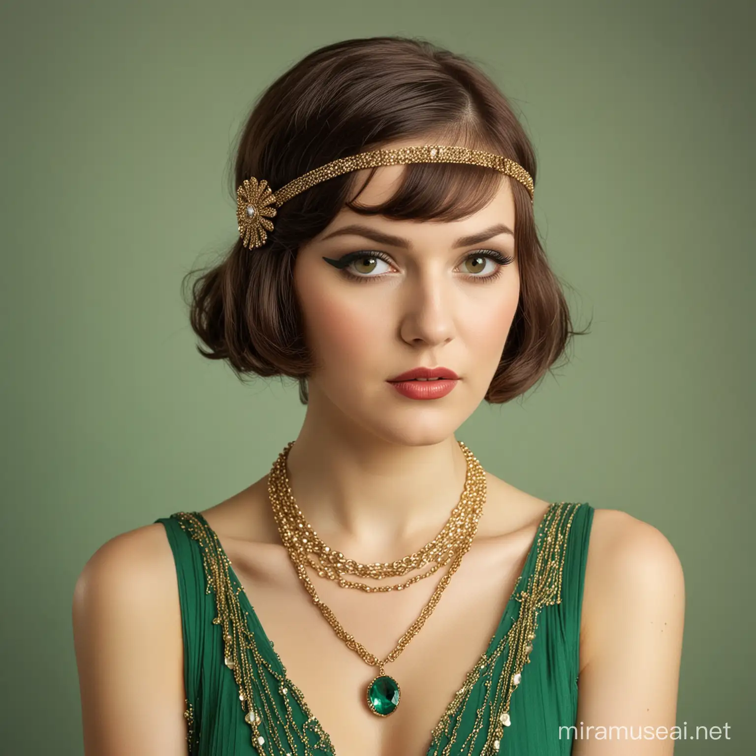 art deco flapper beautiful woman in green dress gold jewelry unhappy