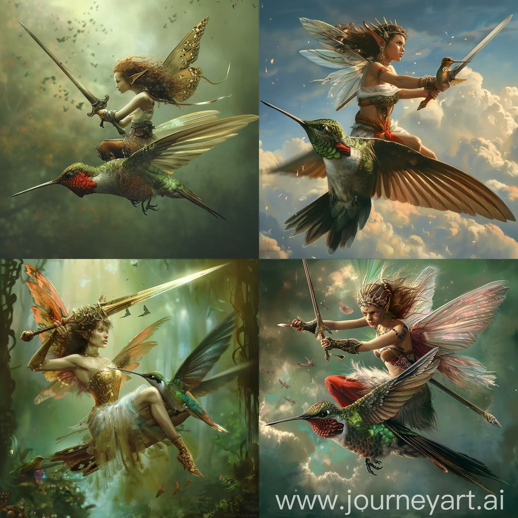 Warrior fairy wielding a sword riding a hummingbird into battle
