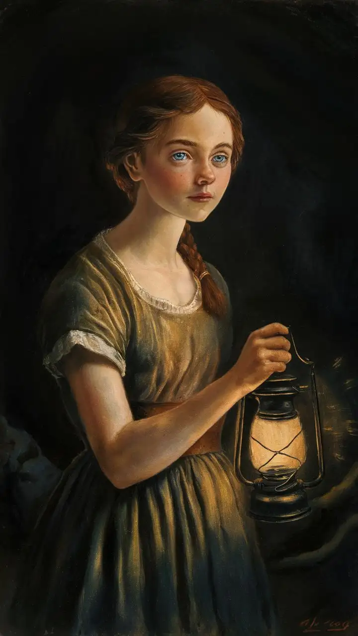 a young woman in her early twenties, with an innocent, heart-shaped face and a slender build. Her deep blue eyes reflect her curiosity and determination. Her hair, a warm chestnut brown, is pulled back in a simple braid, revealing a delicate, pale neck. She wears a modest, plain dress, its fabric somewhat worn but clean. In one hand, she clutches a flickering lantern, the only source of light in the darkness that surrounds her.