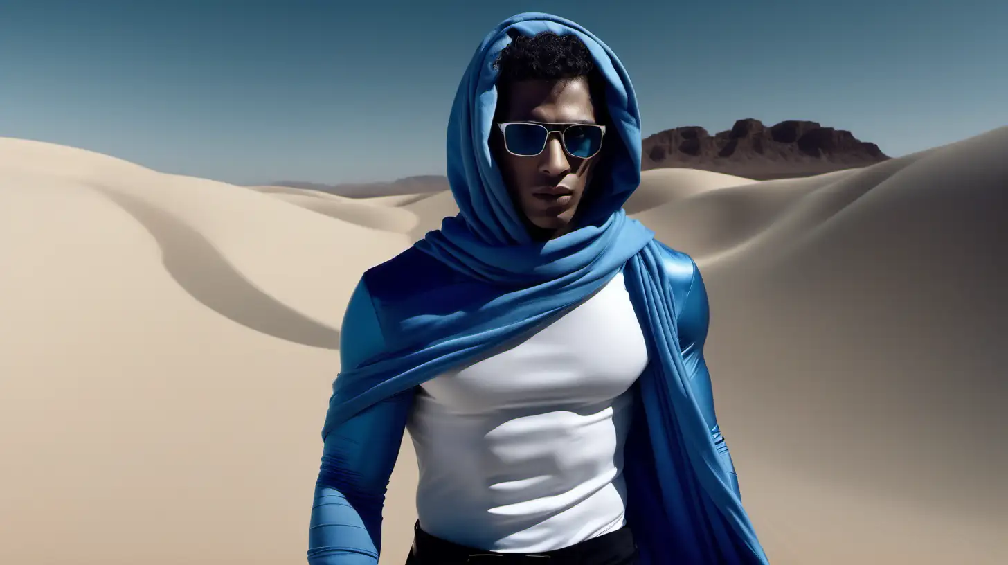 A cinematic scene shot with a Sony cineAlta extreme long shot of a mixed man with long curly hair with blue scarf wrapped around his head like a hood posing, high fashion, editorial, futuristic, desert background, wearing tight compression shirt attached to gloves with wide leg trouser pants, two toned, full body, drone shot, film grain, high detail, 12k resolution, designer glasses, Balmain, shirt has mesh design, 