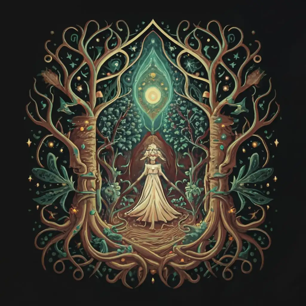 logo, logo vector t-shirt design ,"Amidst a forest of talking trees and shimmering fireflies, there exists a hidden portal that leads to a parallel realm. What happens when a curious young witch accidentally stumbles upon it and discovers the secret of its purpose?"., intricate detailed , clear white background, no words,    , Contour, Vector, White Background, no words, ultra Detailed image , ultra sharp narrow outlined image, no jagged edges, very vibrant neon colors, no watermark, no copyright, with the text ".", typography
