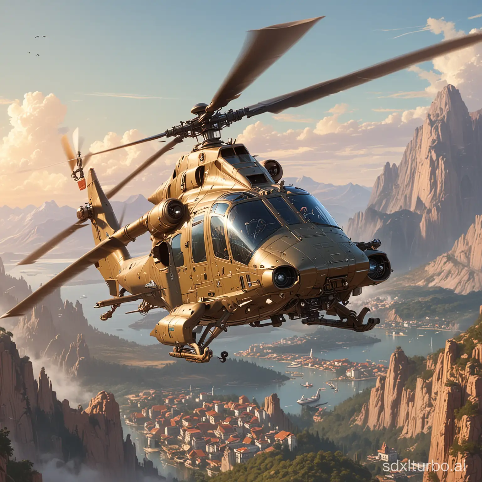 Advanced 2100 attack helicopter with autogyro capability, intricate, elegant, highly detailed, digital painting, artstation, concept art, smooth, sharp focus, illustration, art by krenz cushart and artem demura and alphonse mucha