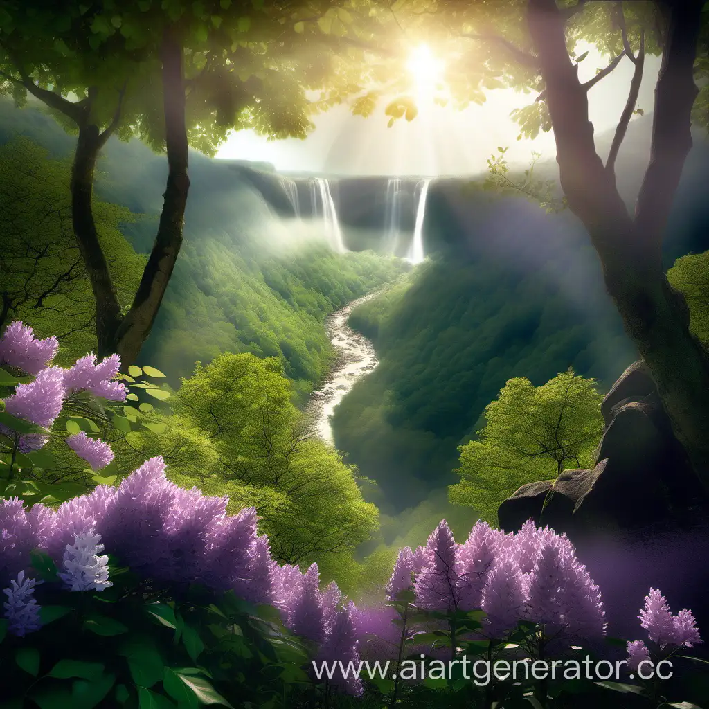 Misty-Lilac-Flowers-and-Forest-with-Waterfall