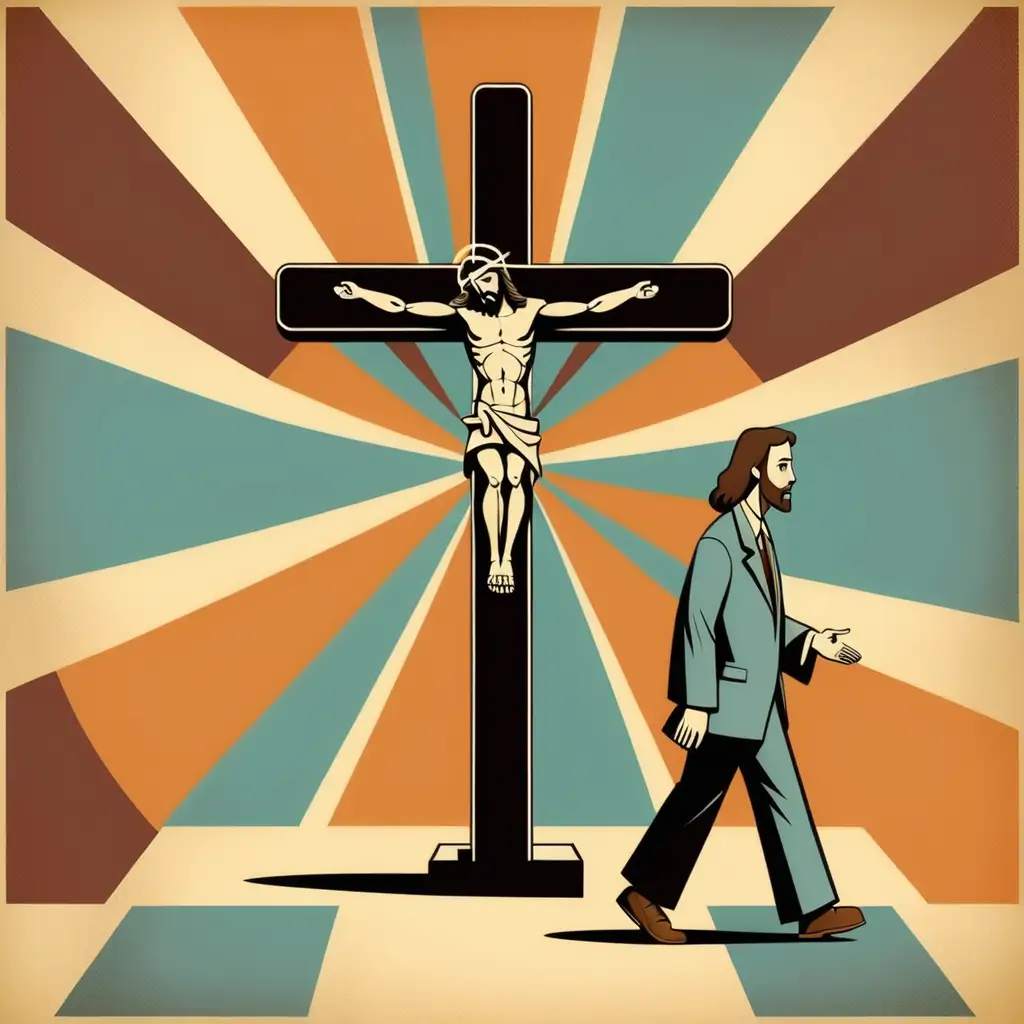 a retro logo based on the theme crosswalk which has a cross of jesus and a man walking towards the cross and having the words crosswalk