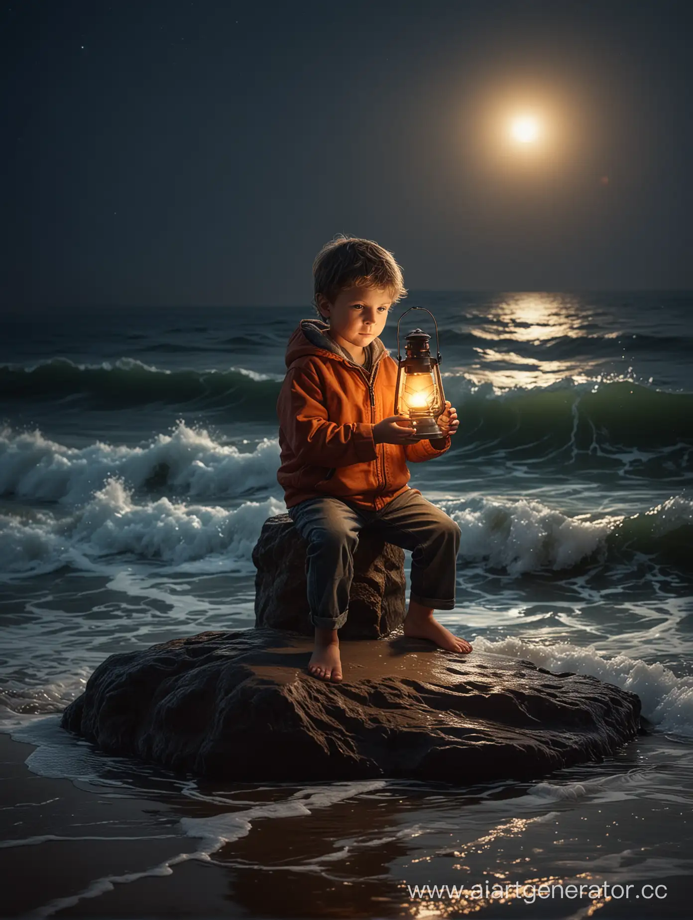 Маленький мальчик сидит на берегу моря на камне ночью, мальчик держит в руках яркий фонарь, на фоне волны моря,  очень реалистично