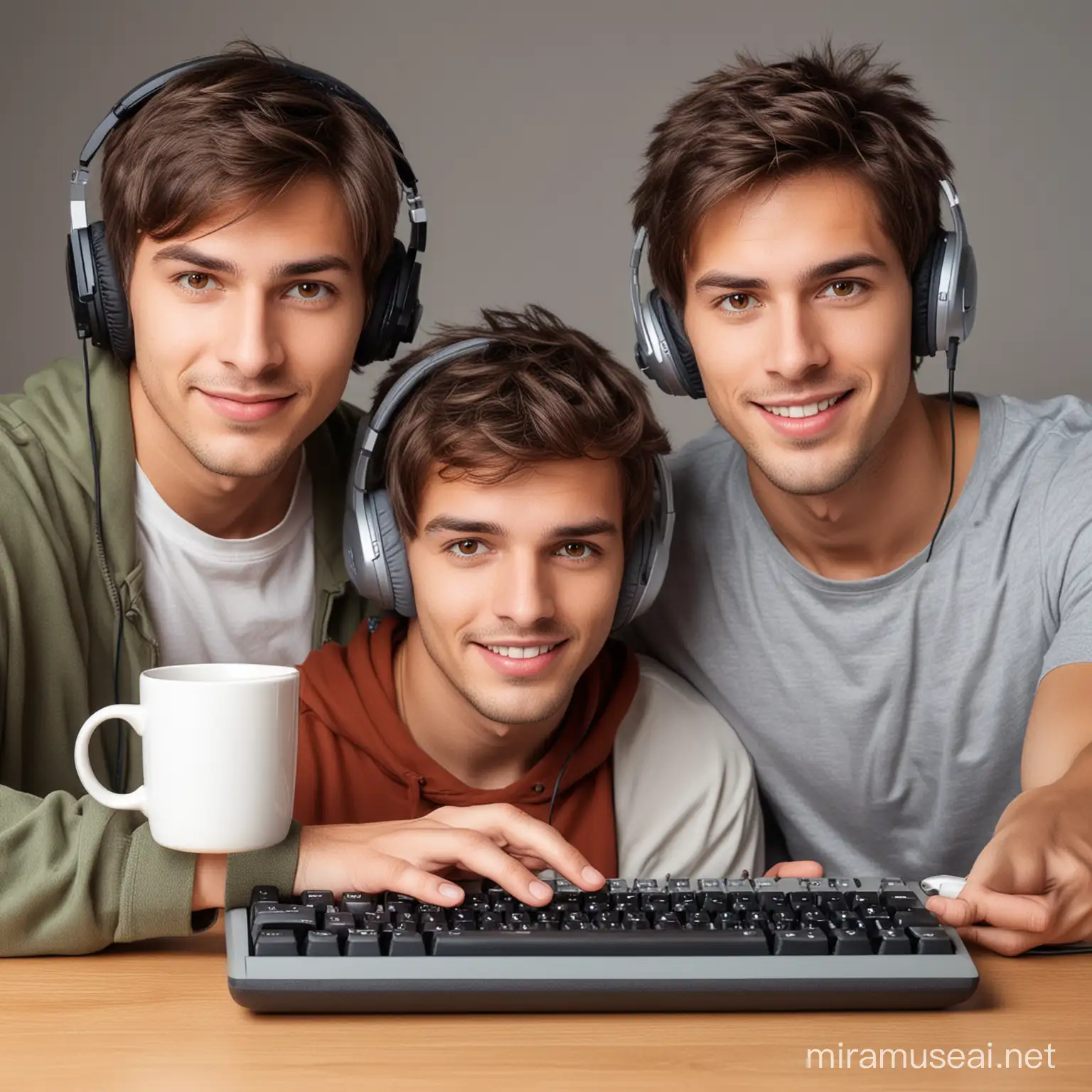 three guys with the same facial features , brown hair and gray eyes , one of them with headphones holds a keyboard in one hand and a computer mouse in the other, the second guy holds a mug of tea , and the third points with his index finger at the first guy