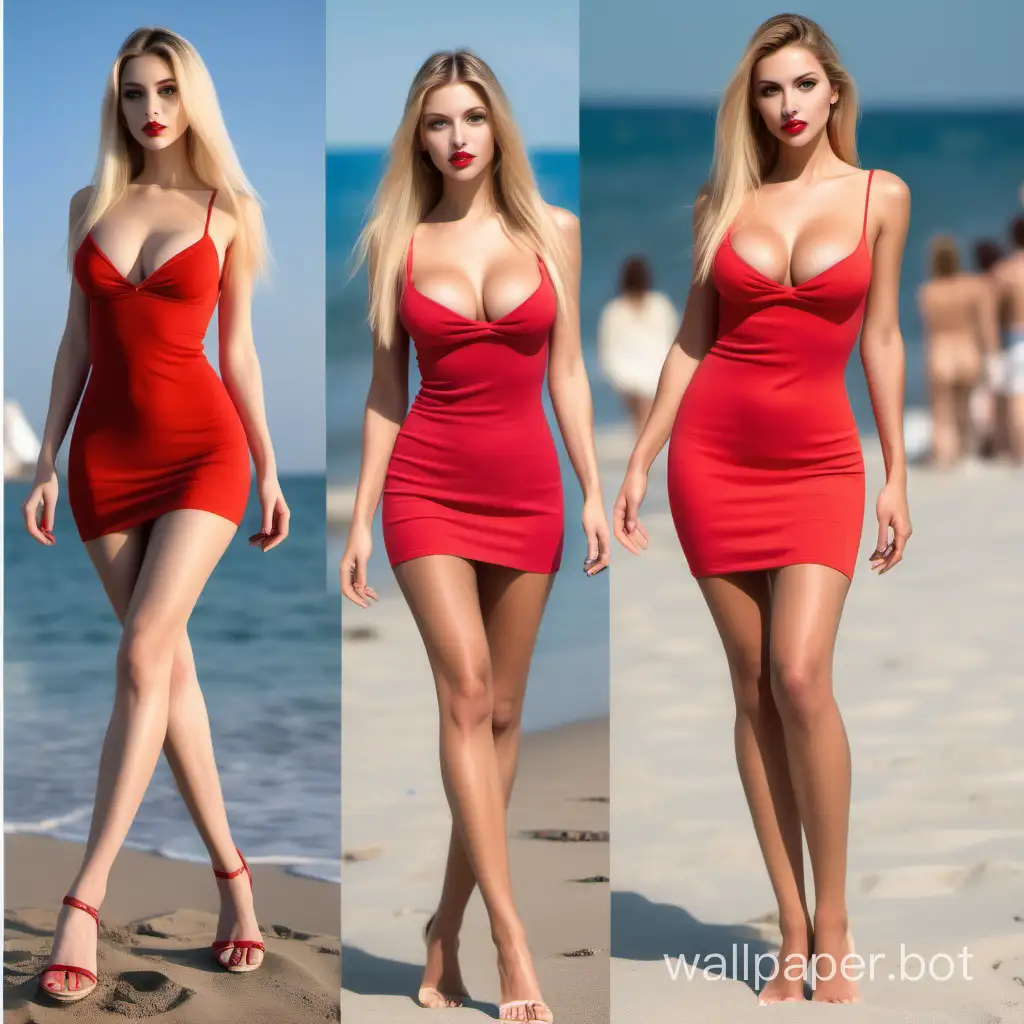 Girl with long straight blond hair ample bosom normal physique beautiful legs ample bosom full lips red low-cut dress with thin straps full realistic figure beach party with other people resemblance to Paola Barale