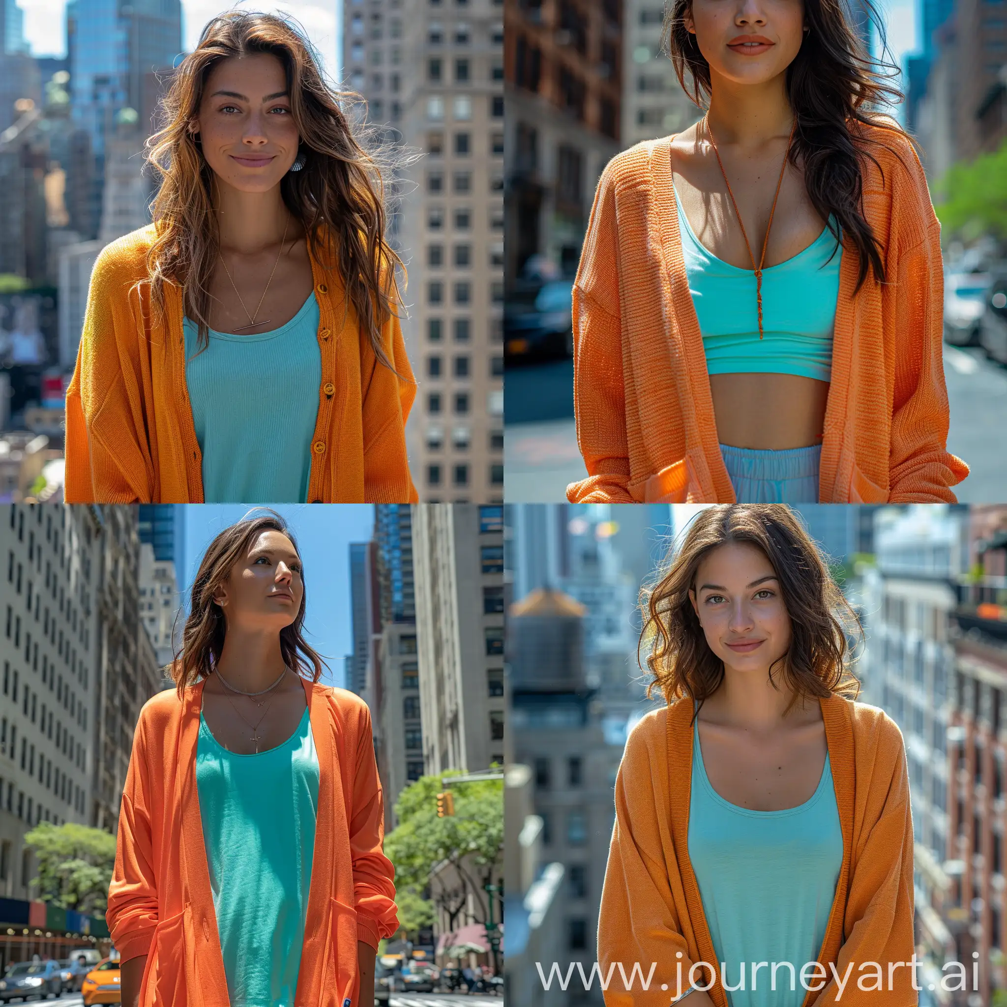 2024s Street Photography fashion images of a woman wearing a CLEMENTINE-ORANGE oversized slouched shoulder Cardigan over an AQUA-CYAN tanktop. Background of New York City, depth of field. --style raw --stylize 300