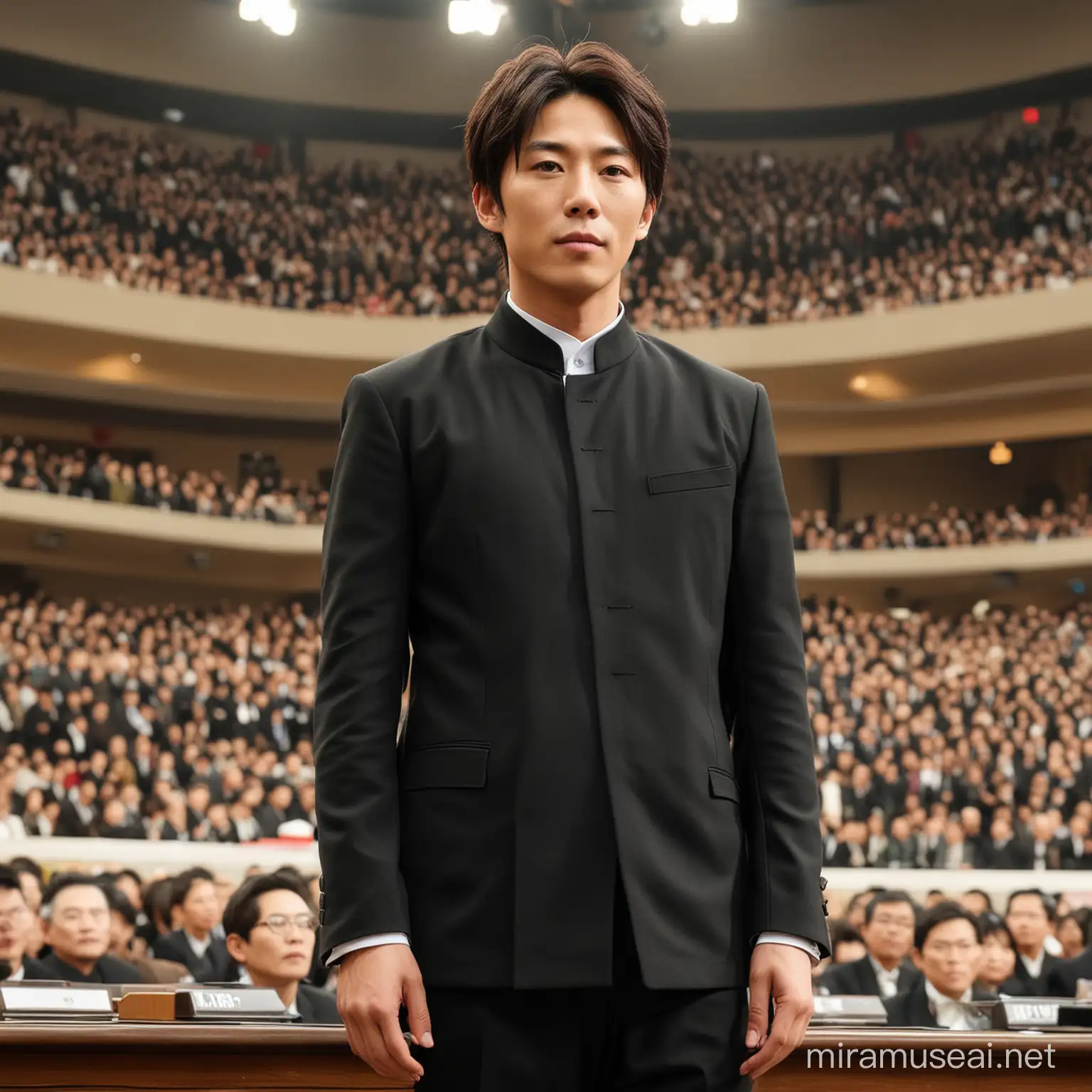 takeru sato young handsome japanese actor wearing a black mao suit in the worker's party congress hall