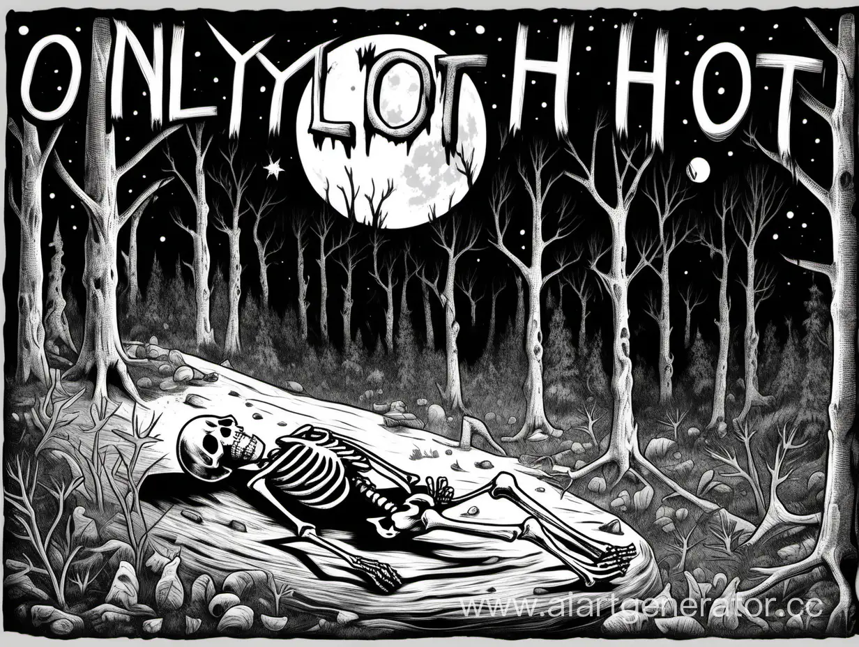 Мультяшный скелет, лежит умирает, в лесу, под луну, на луне надпись Onlyhot