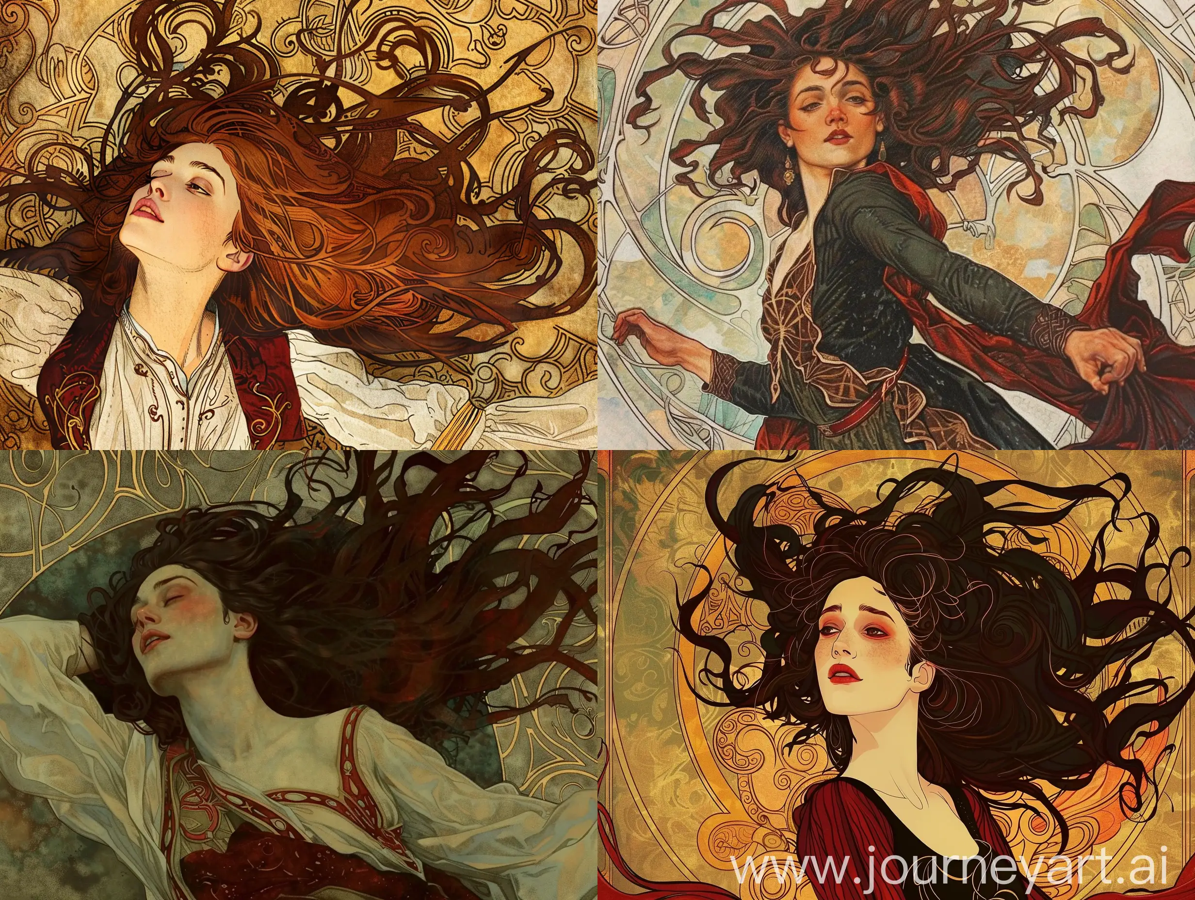 portrait art by Alphonse Mucha and Kaethe Butcher. Woman with wild hair. Dynamic pose. Emotional. Unusual angle. in Art deco clothing.