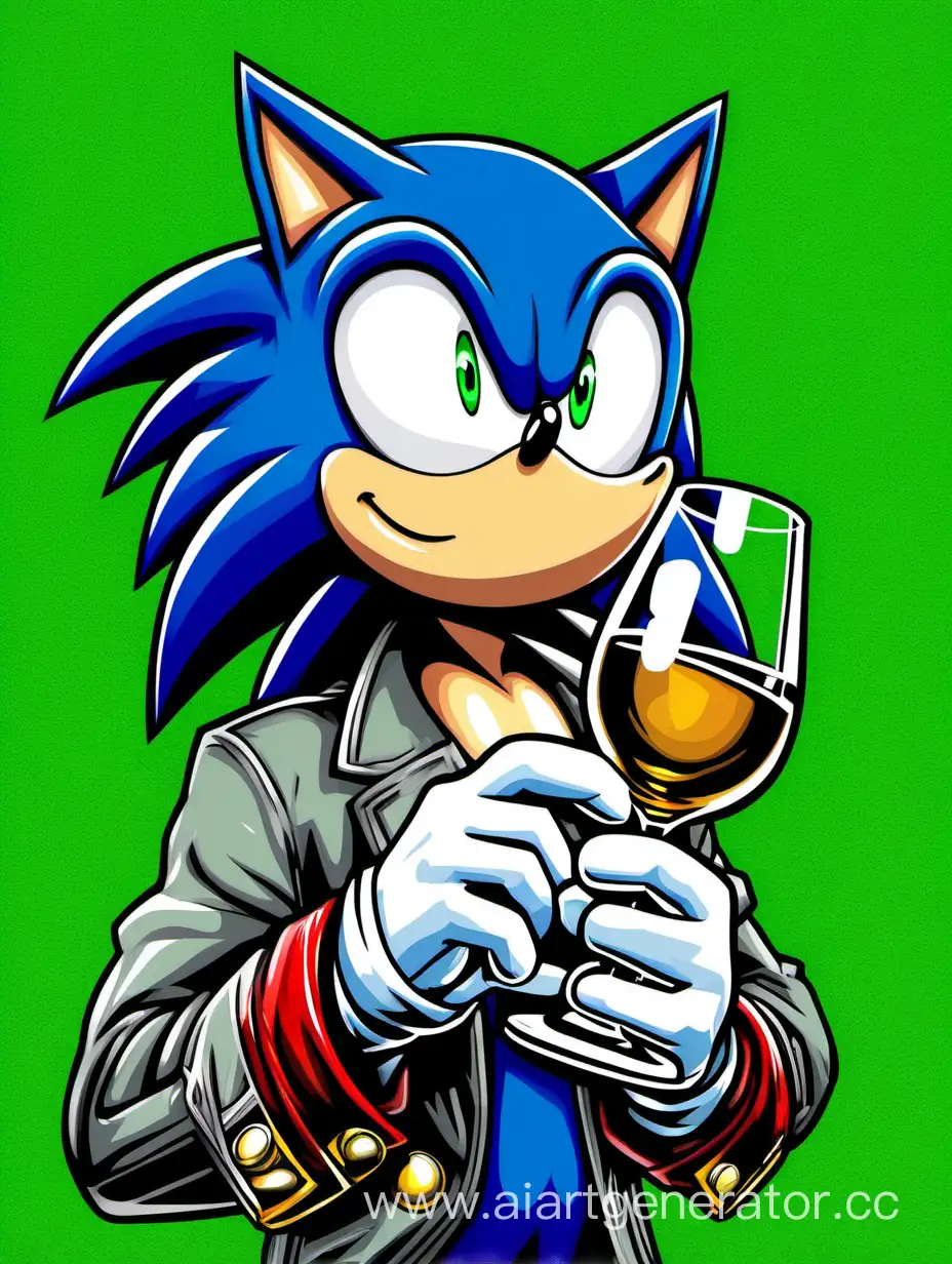 Sonic the Hedgehog, Portrait, Close Look, Alcohol in Hands, Vodka, Drunk Face, Clear background, Green Background