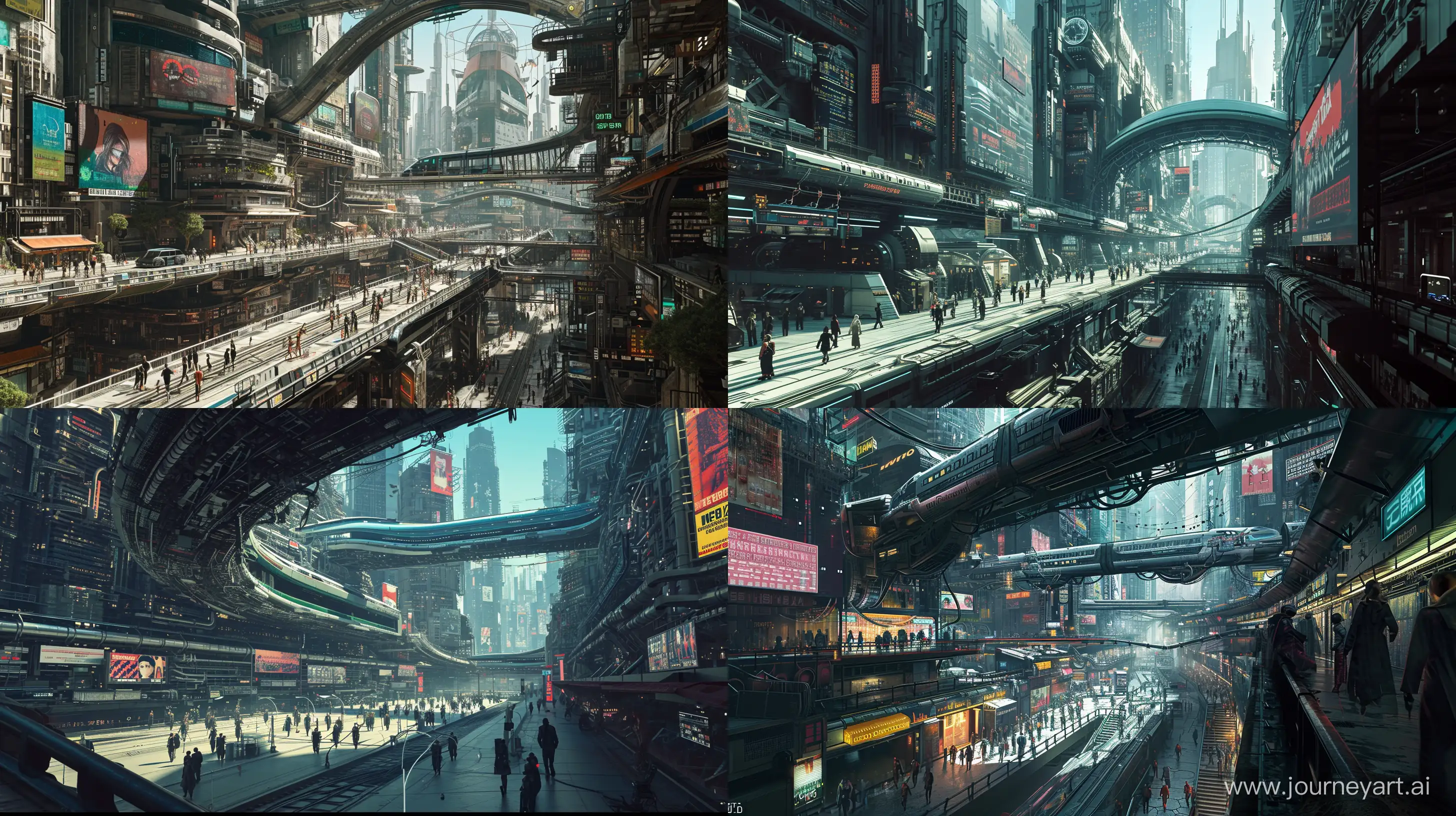 Neo Babylon cyberpunk metropolis, futuristic architecture, high density buildings, tunnels, monorail trains, elevated bridges, people everywhere walking elaborate catwalks, digital billboards, intricate details, highly detailed, ethereal environment, hyper-detailed architecture, photorealistic, octane render, unreal engine, in the style of Tsutomu Nihei and Steve McDonald, 8k --ar 16:9 --v 6