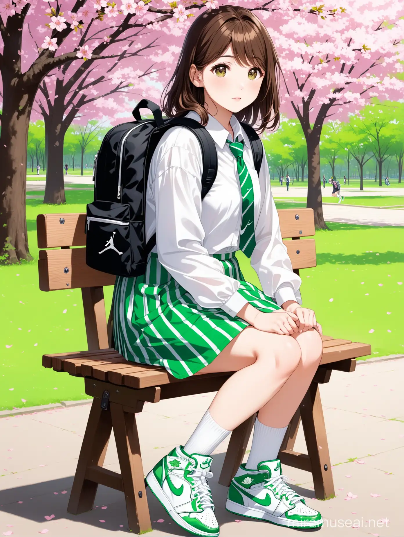 A young woman with small brown eyes, medium length brown hair, wearing a white shirt, green striped skirt, and green tie, she is sitting on a wooden chair in a park with sakura trees in the background ,Long white socks, green Nike Air Jordan shoes, and carrying a black school backpack.