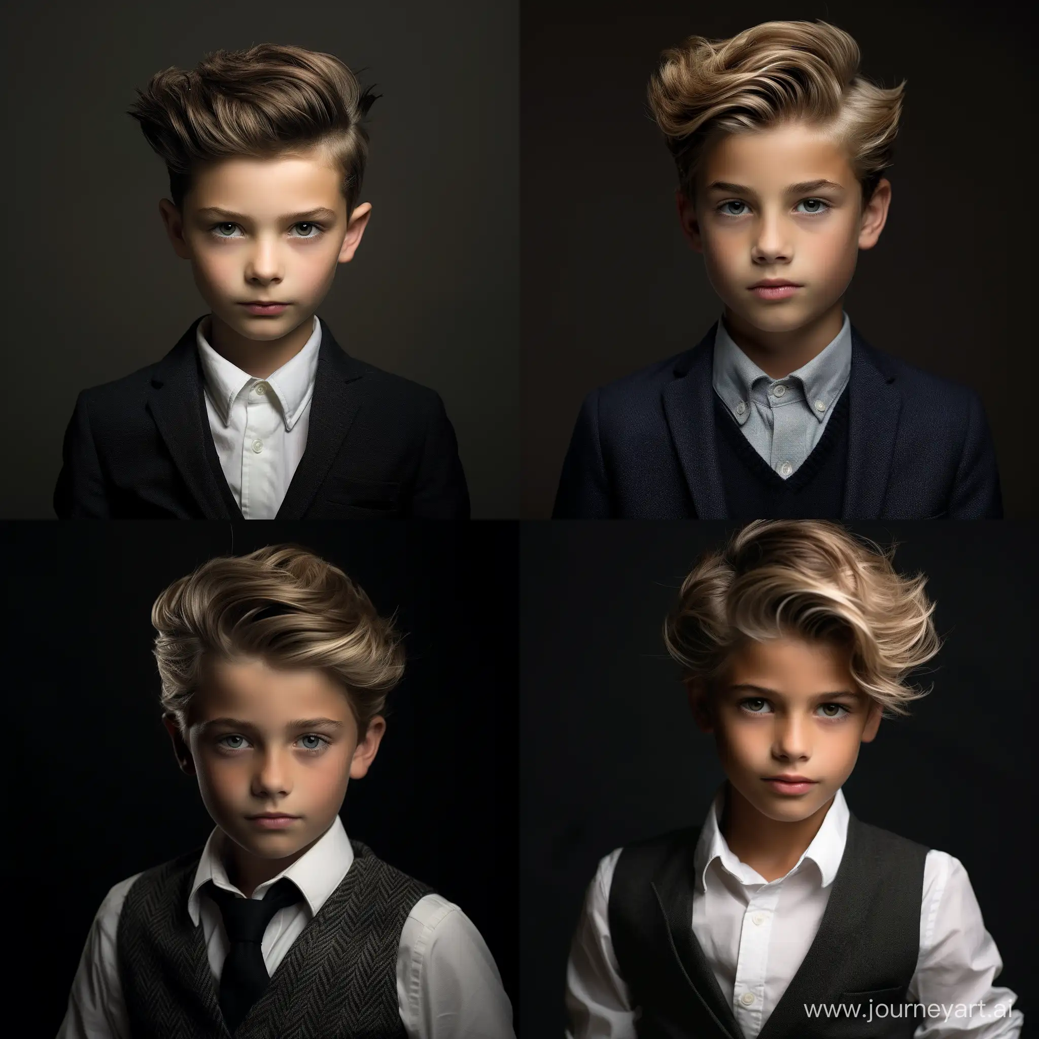 Studio photo of a ten-year-old boy with neatly styled hair. Dark background.