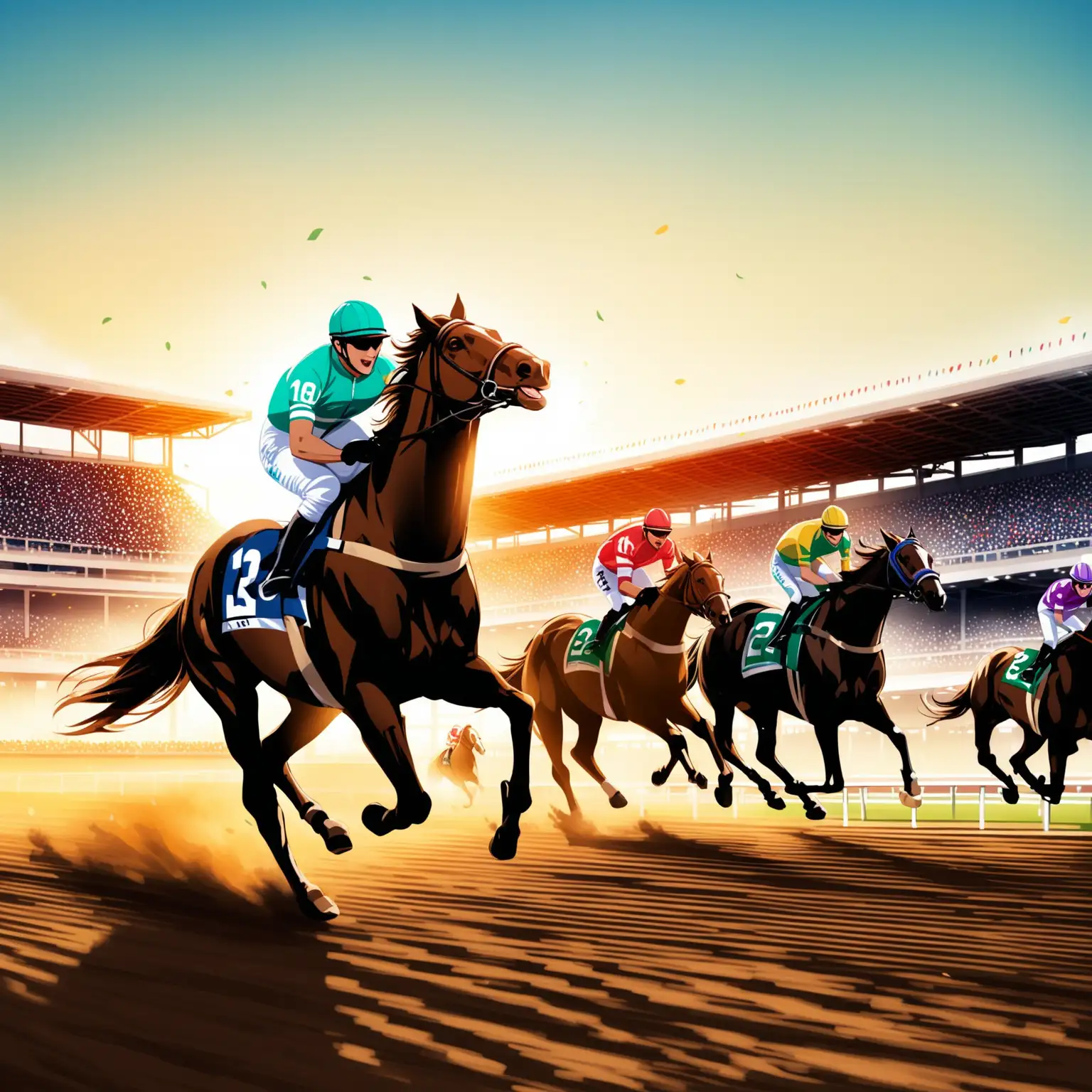 Create image of fans partying on the in filed of a horse track stadium