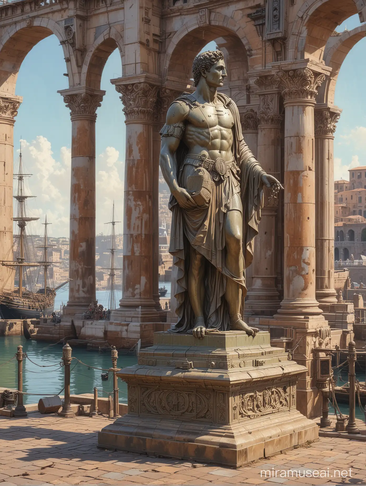 
Highly detailed painting, wide view of a monumental statue standing next to a ((Roman port)) in ancient times, the statue is a bronze statue of a (((Roland System 100 Modular Synthesizer))), use muted pastel colors only, ancient sailing ships are in the port, high quality
