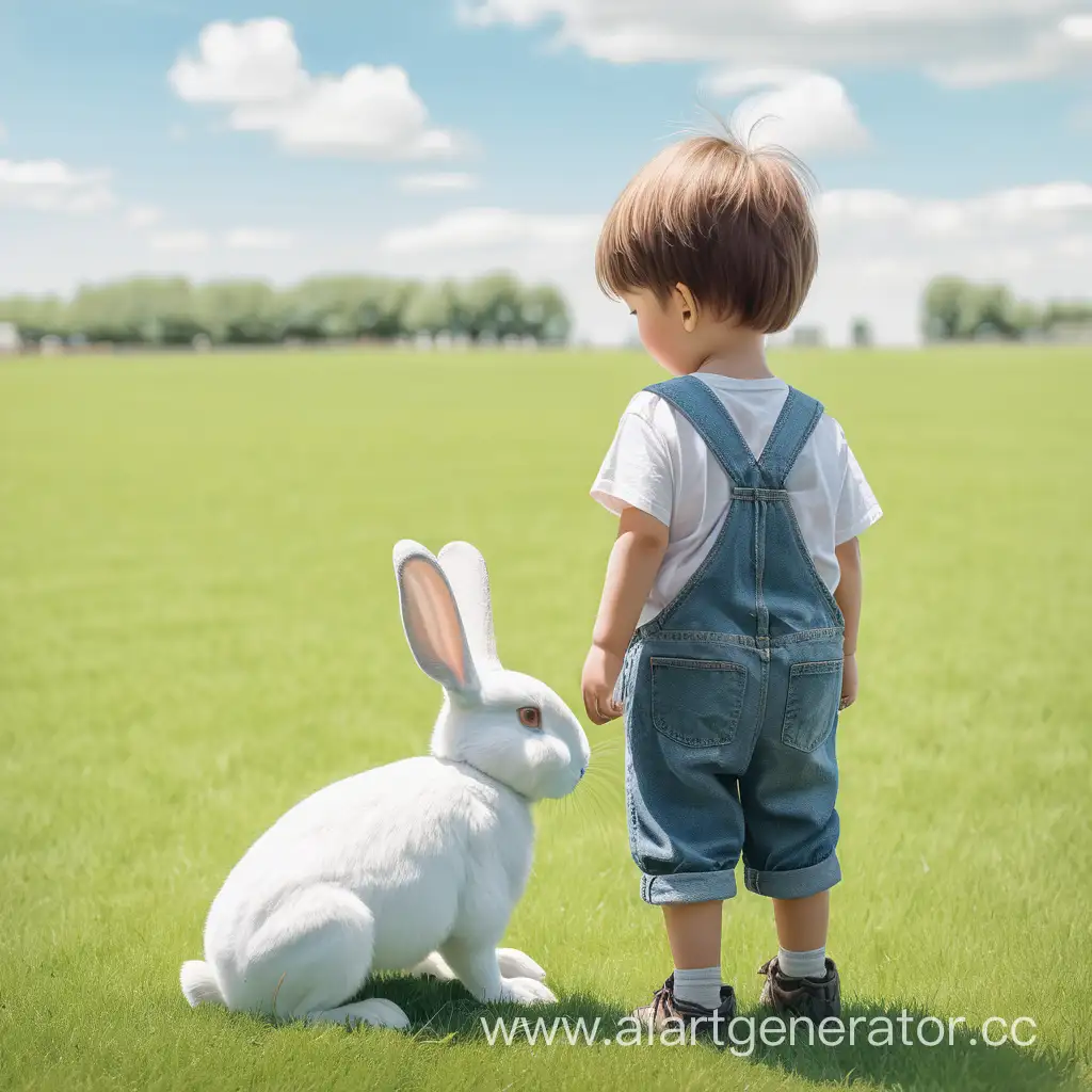 A little boy with a rabbit, on the field from a rear angle
