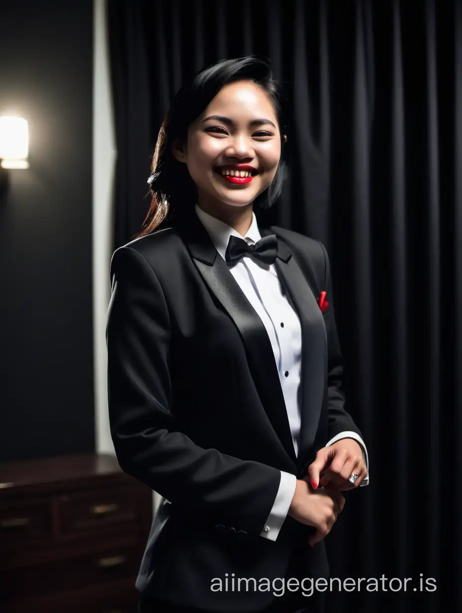 A Vietnames woman is wearing a tuxedo.  She is standing in a dark room.  her jacket is open.  She is smiling and giggling.  She is wearing lipstick.  She has shoulder length black hair.  She is crossing her arms.  Her cufflinks are black.