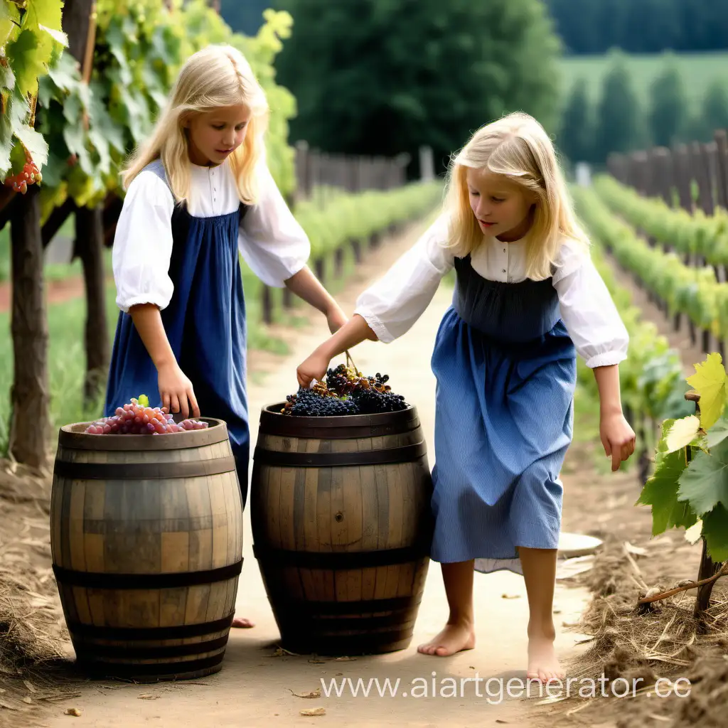 две  белокурых  девочки   лет  10  в  крестьянском платье  босиком месят  виноград  ногами  в  бочке