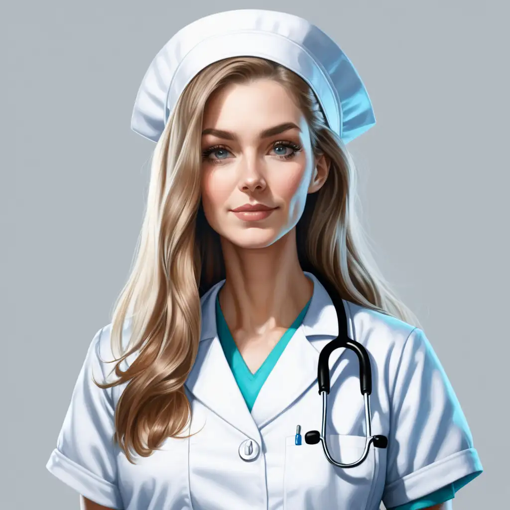 A white nurse with long hair and a stethoscope 
