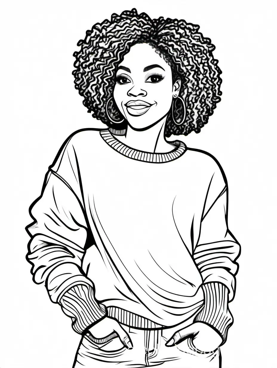 Pretty black woman holding sweater cuff  side view, Coloring Page, black and white, line art, white background, Simplicity, Ample White Space. The background of the coloring page is plain white to make it easy for young children to color within the lines. The outlines of all the subjects are easy to distinguish, making it simple for kids to color without too much difficulty