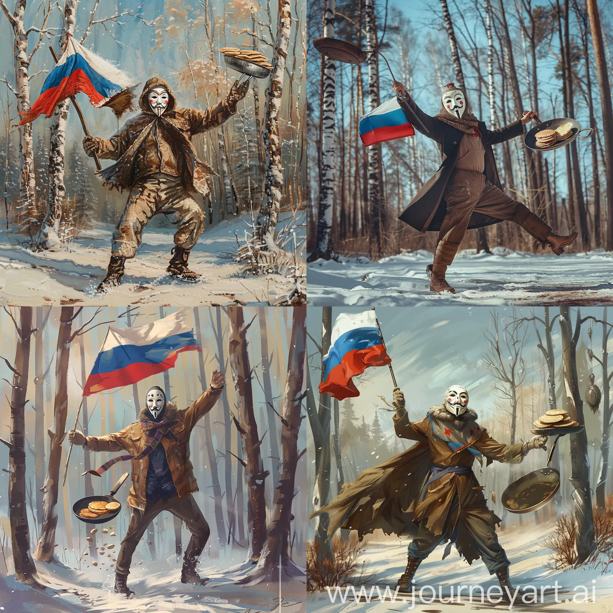 A man in an anonymous mask with the Russian flag in one hand and a frying pan with pancakes in the other is dancing in a clearing in a winter forest