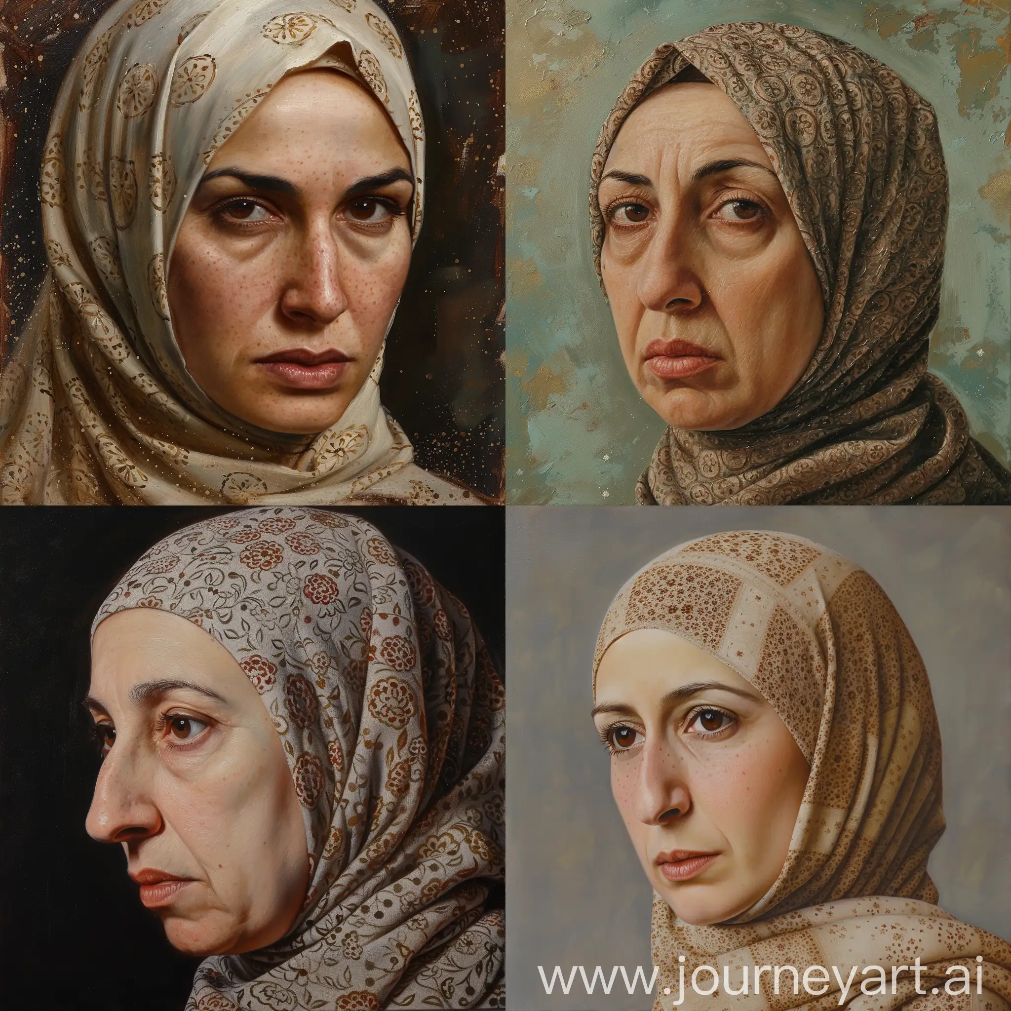 In a captivating renaissance-style oil painting reminiscent of the works of Leonardo da Vinci, a middle-aged Anatolian Greek woman from the Ottoman period is portrayed with striking detail and allure. Despite wearing a hijab, her curls cascade freely around her face, hinting at a rebellious spirit that refuses to be confined by societal norms.

Her bent curved nose and pale skin speak of a life shaped by hardship and resilience, while her brown eyes sparkle with intelligence and charm. With an attractive expression that exudes confidence and magnetism, she captures the viewer's attention with ease.

Yet, it is her disregard for convention that sets her apart. The hijab, though worn, is not properly secured, allowing glimpses of her unruly curls to peek through. This subtle act of defiance adds an intriguing layer of complexity to her character, hinting at a woman who refuses to be bound by tradition or expectation.

Every brushstroke in this masterpiece captures the essence of the Anatolian Greek woman's spirit and strength. From the intricate patterns of her hijab to the subtle nuances of her expression, the painting exudes a sense of vibrancy and vitality that draws the viewer in, inviting them to ponder the complexities of identity and self-expression.

In the tradition of the great renaissance artists, the Anatolian Greek woman is depicted with reverence and admiration, her likeness immortalized for eternity in the strokes of the artist's brush. As the painting hangs in a gallery or museum, it serves as a timeless tribute to the resilience and spirit of the Anatolian Greek people during the Ottoman period, inviting viewers to reflect on the power of individuality and self-determination.