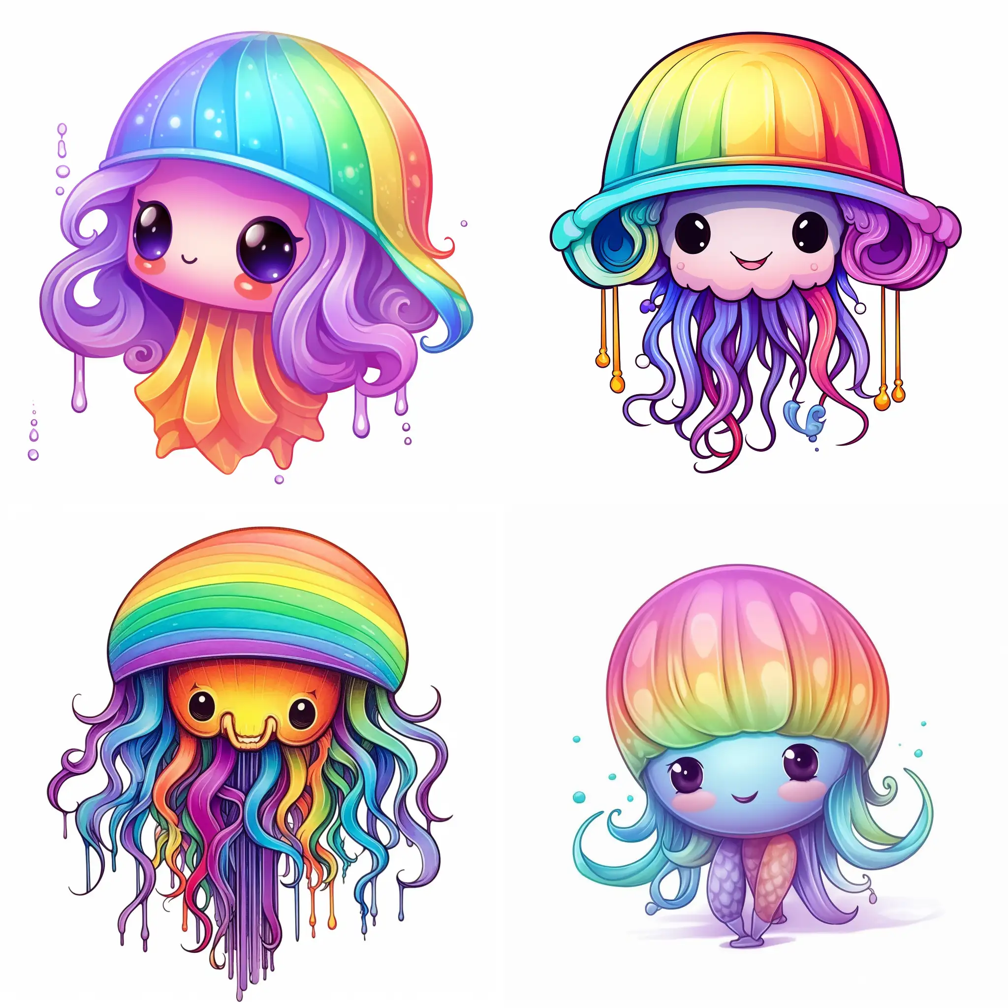 Dessine moi une sorte de poulpe meduse, kawaii, avec des contours simples, elle a des dreadlocks dans un bonnet il y a des couleurs arc-en-ciel